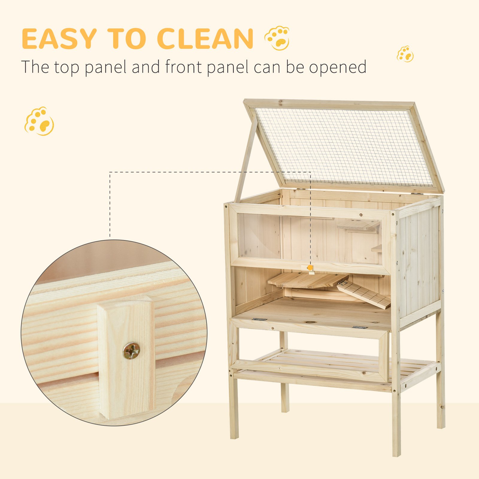 Wooden Hamster Cage with Storage Shelf, Small Animal Exercise Play Enclosure Gerbil Cage with Openable Top, Ramp for Gerbils, Drawf Hamsters, 60 x 40 x 80 cm - Natural