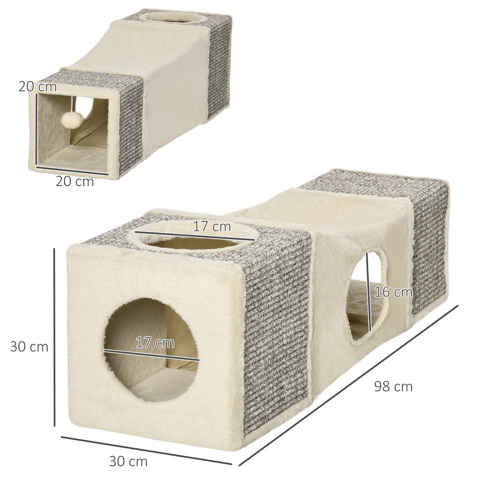 Cat Tunnel, Plush Large Play Tunnel with Two Caves and Hanging Ball, Cream White