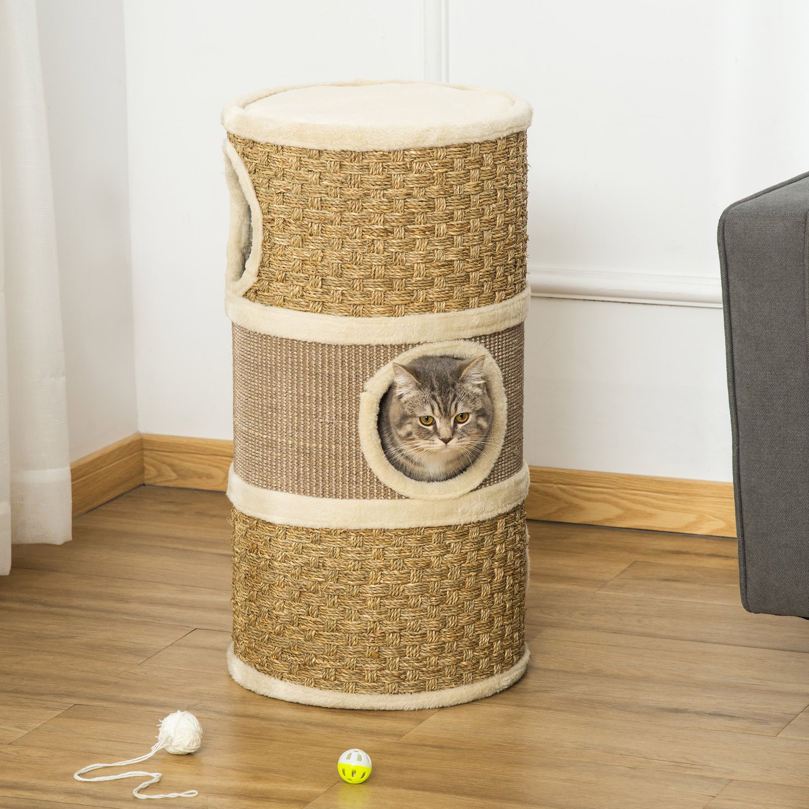 Cat Scratching Barrel Kitten Tree Tower for Indoor Cats Pet Furniture Climbing Frame Covered with Sisal and Seaweed Rope Cozy Platform Soft Plush - Image 9