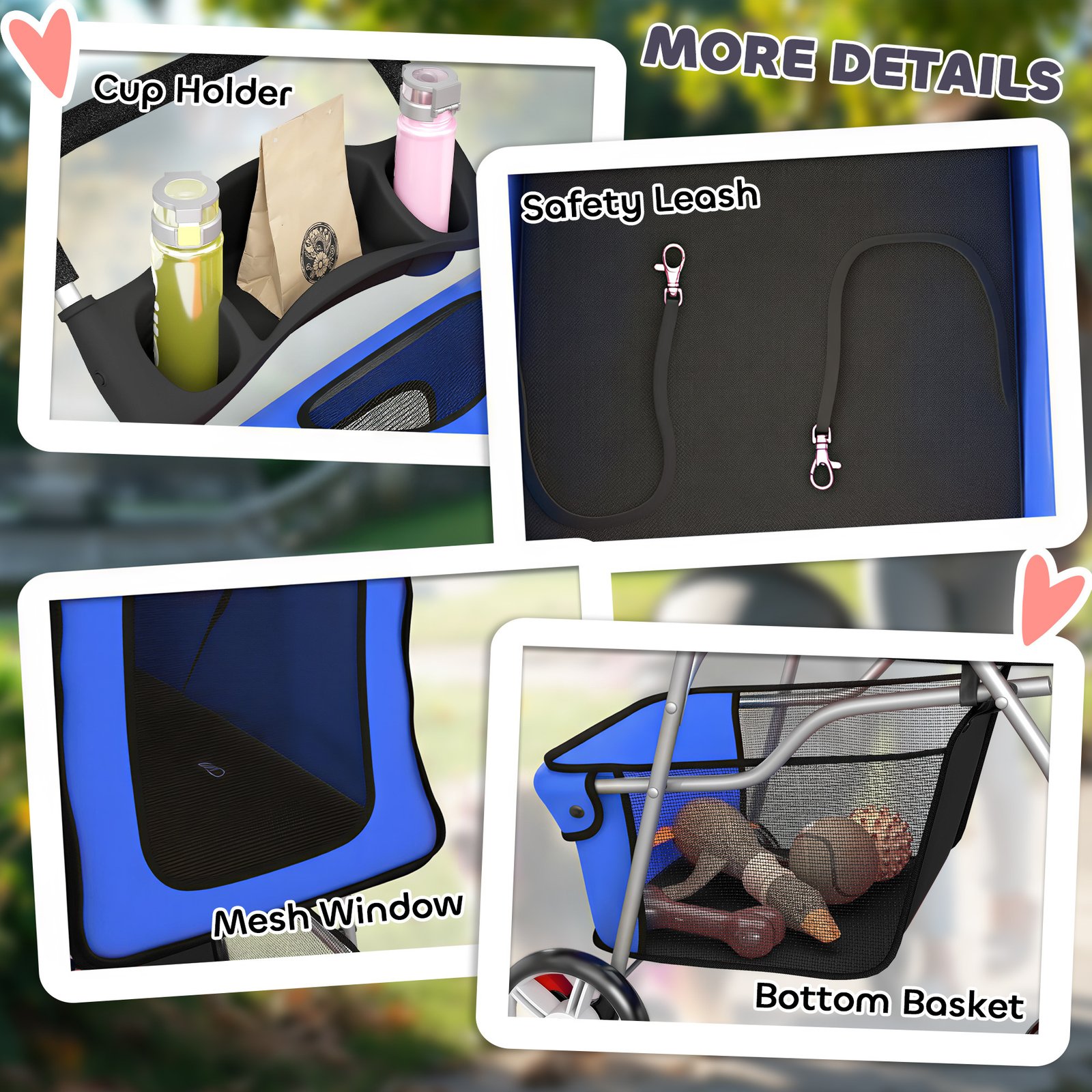 Dog Pram, Pet Stroller with Reflective Strips, Foldable Cat Stroller with 360° Swivel Wheels, Blue
