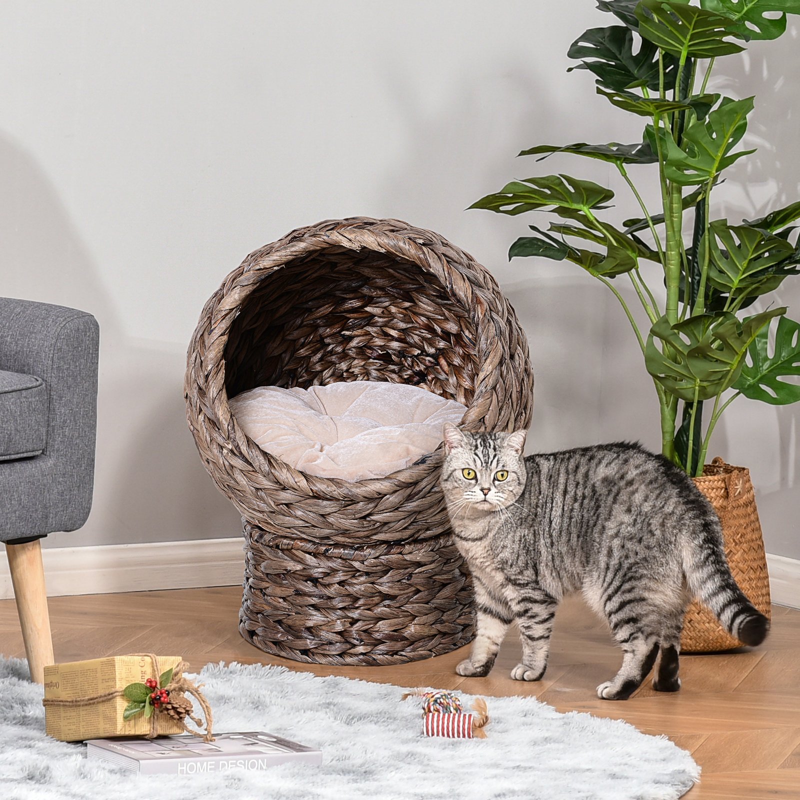 Wicker Cat Bed, Raised Rattan Cat Basket with Cylindrical Base, Soft Washable Cushion, 42 x 33 x 52cm - Brown - Image 9