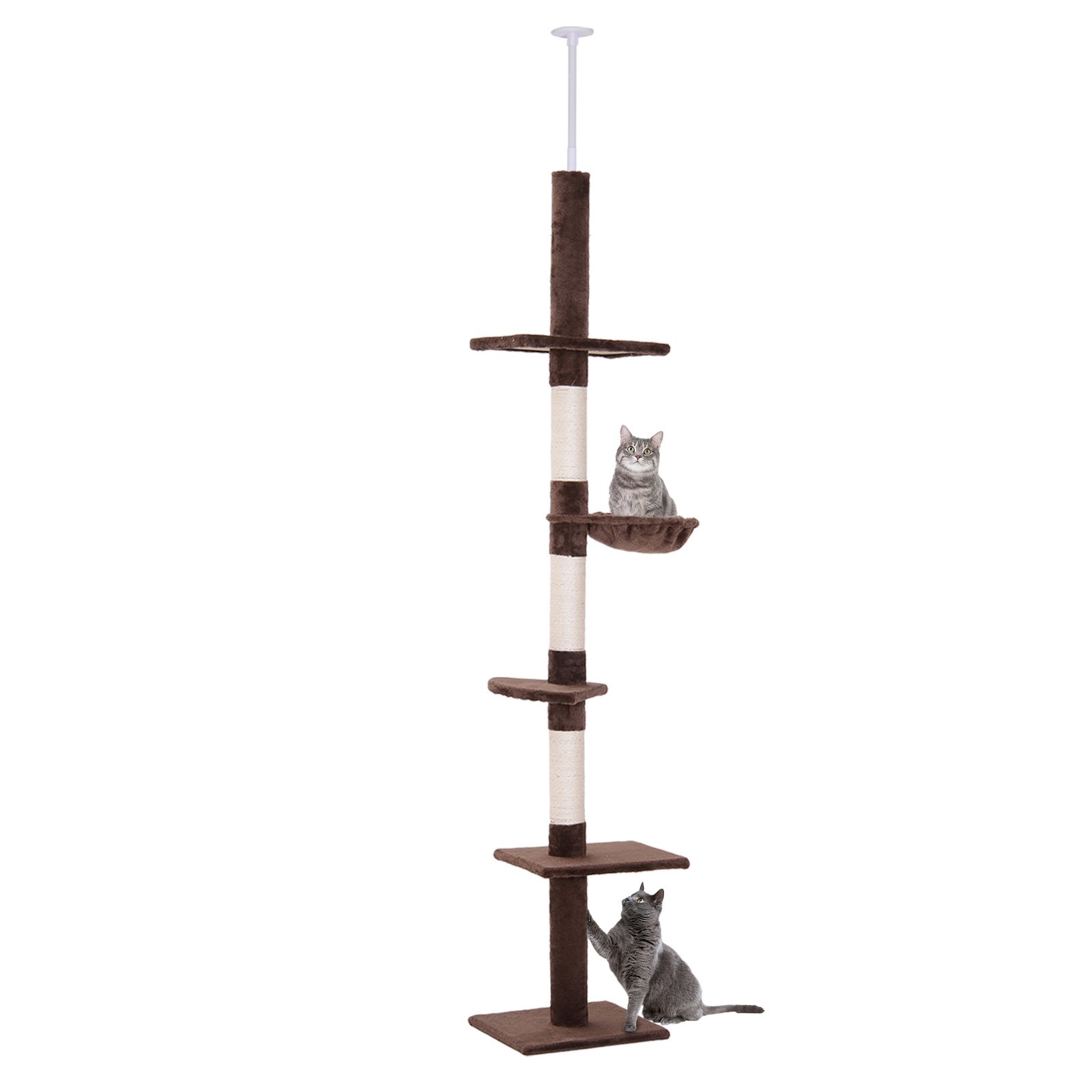 Floor to Ceiling Cat Tree 230-260cm Height Adjustable, 5-Tier Cat Tower with Scratching Posts, Hammock, Perches, Climbing Activity Centre for Indoor Kittens Playing and Relaxing, Brown