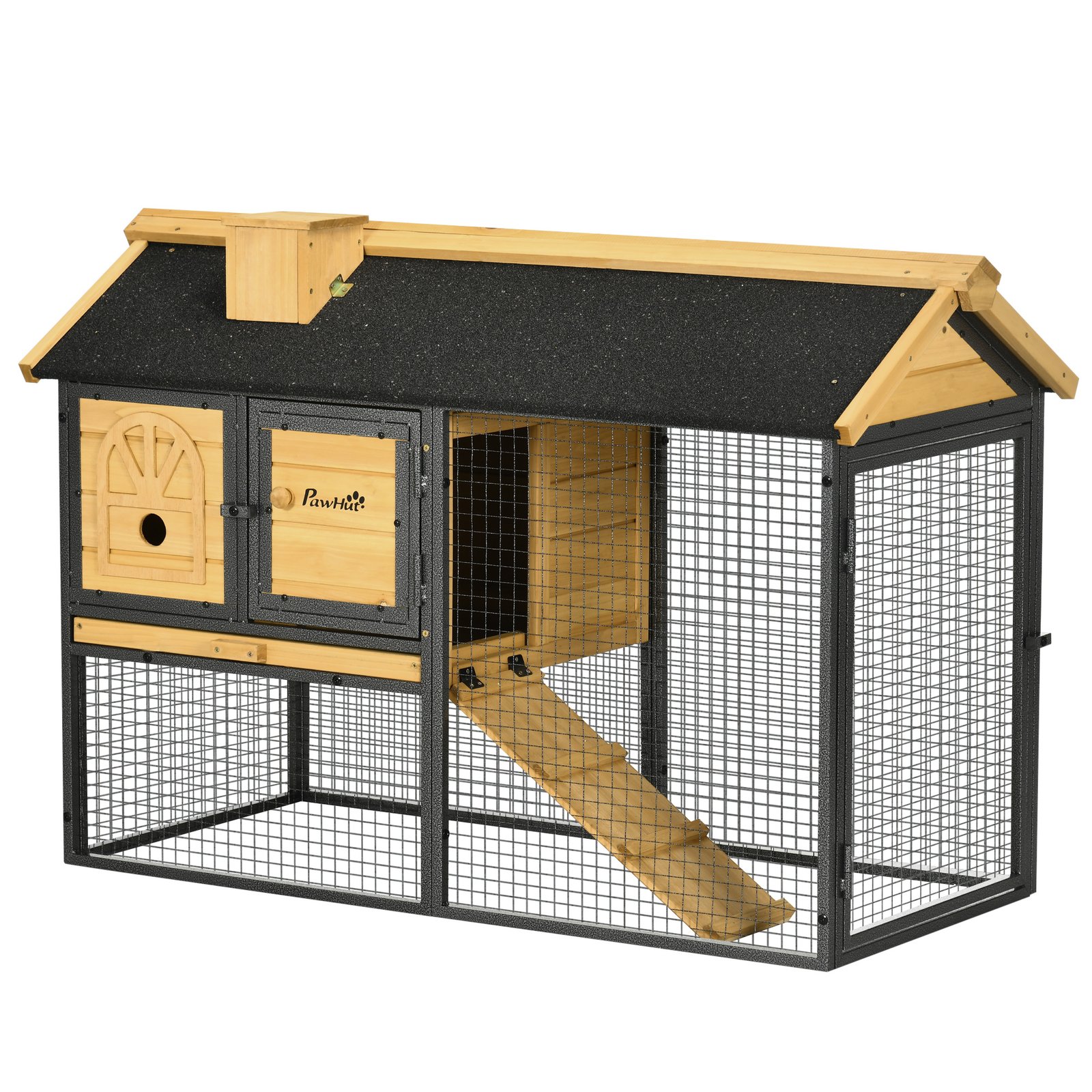 Outdoor Rabbit Hutch, with Run, Removable Tray, Asphalt Roof, 120 x 55.5 x 80cm