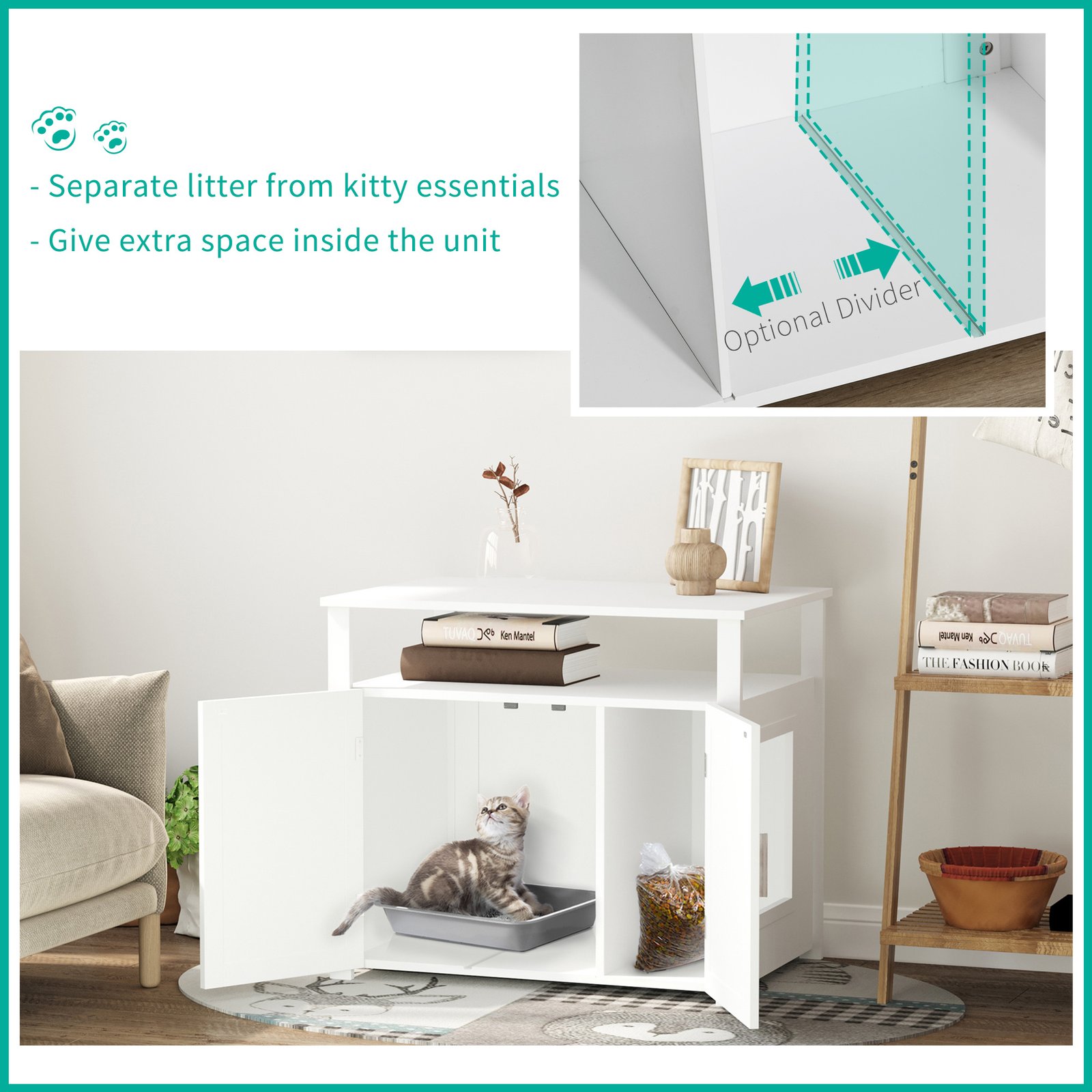 Wooden Cat Litter Box Enclosure Furniture with Adjustable Interior Wall & Large Tabletop for Nightstand, White - Image 4