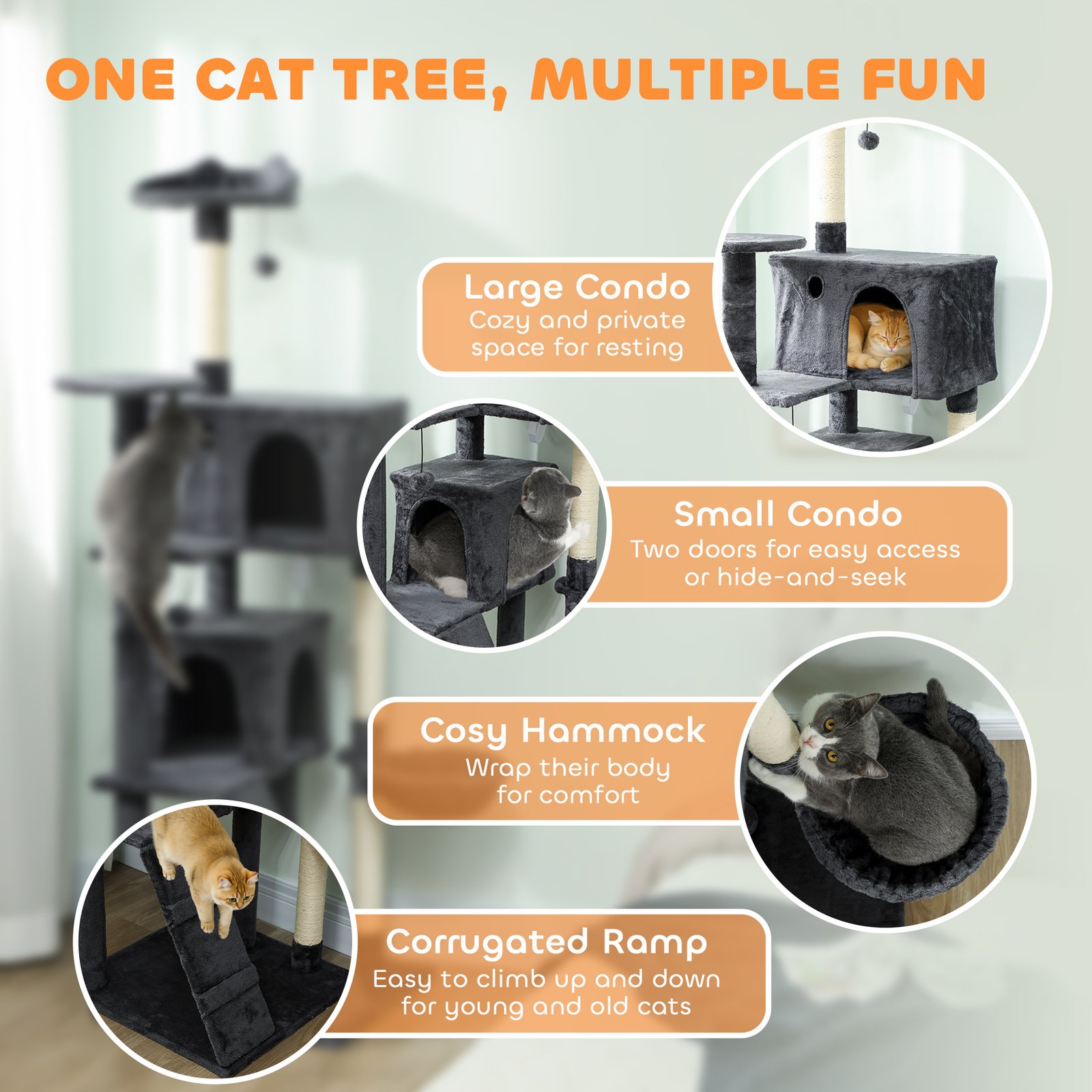 180cm Large Cat Tree Tower with Sisal Scratching Posts, Condos, Plush Perches, Hammock, Ladder, Dark Grey