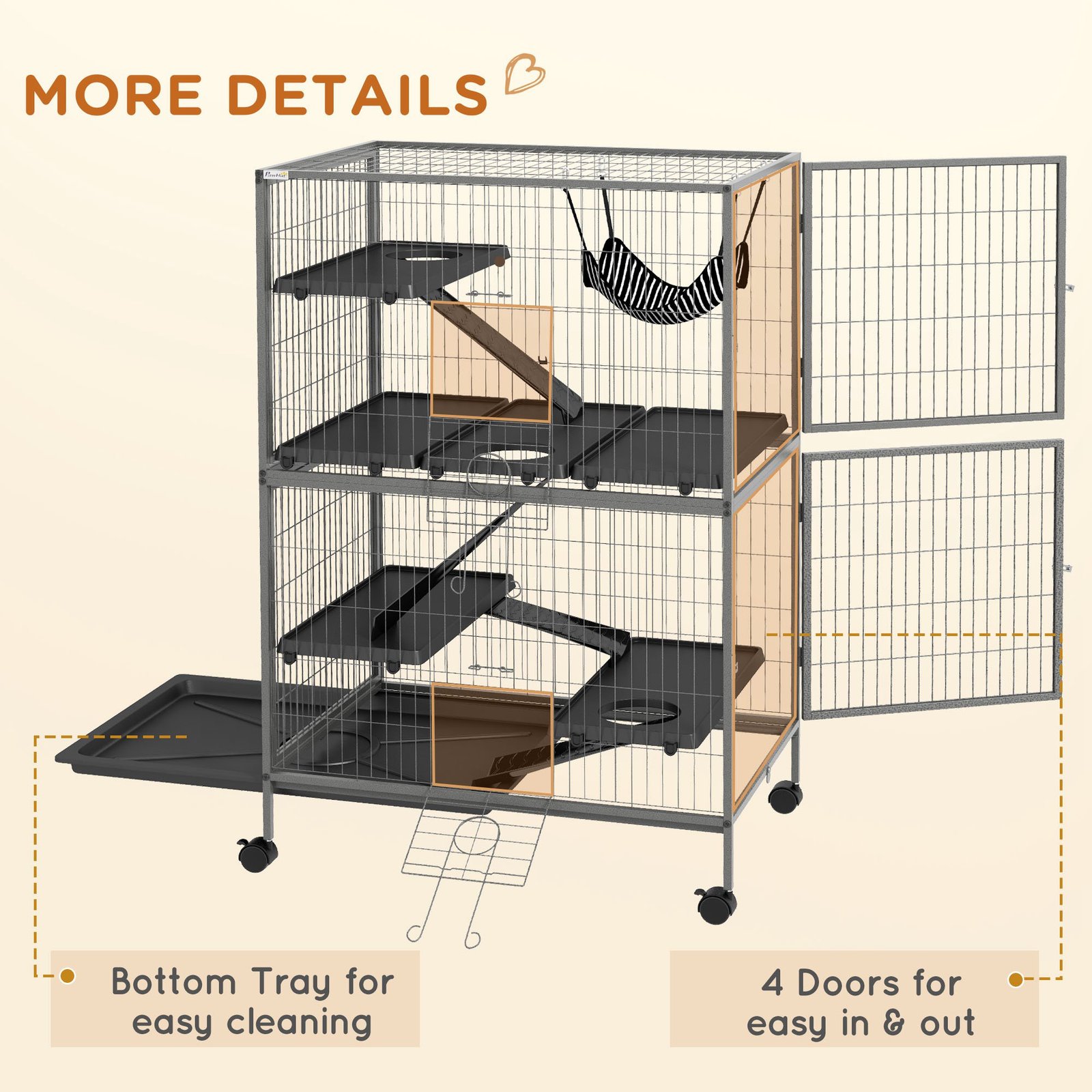 Small Animal Cage for Chinchilla Ferret Kitten on Wheels with Hammock Removable Tray, Grey - Image 7