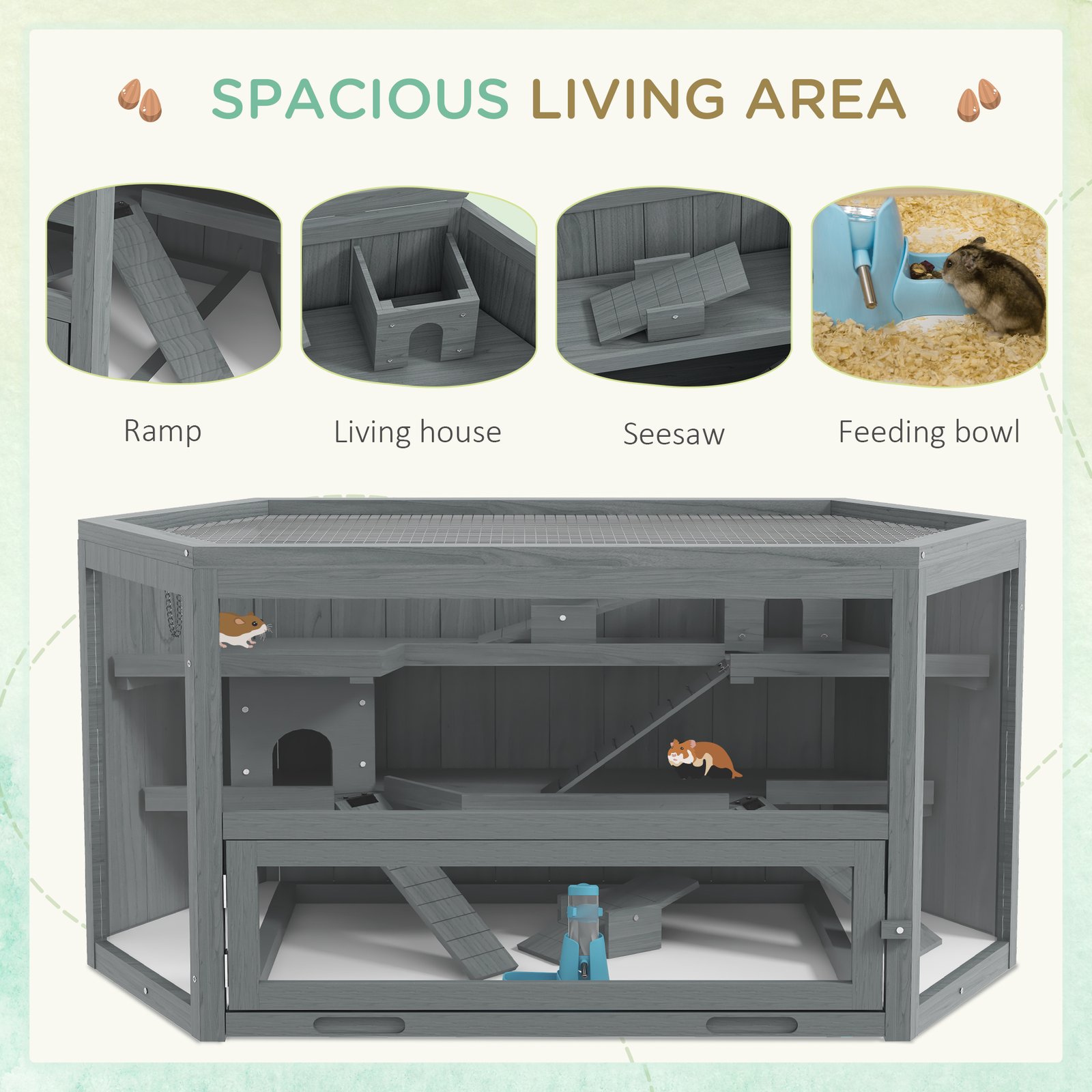 3 Tier Wooden Large Hamster Cage with Sliding Tray, Seesaws, Water Bottle, Grey