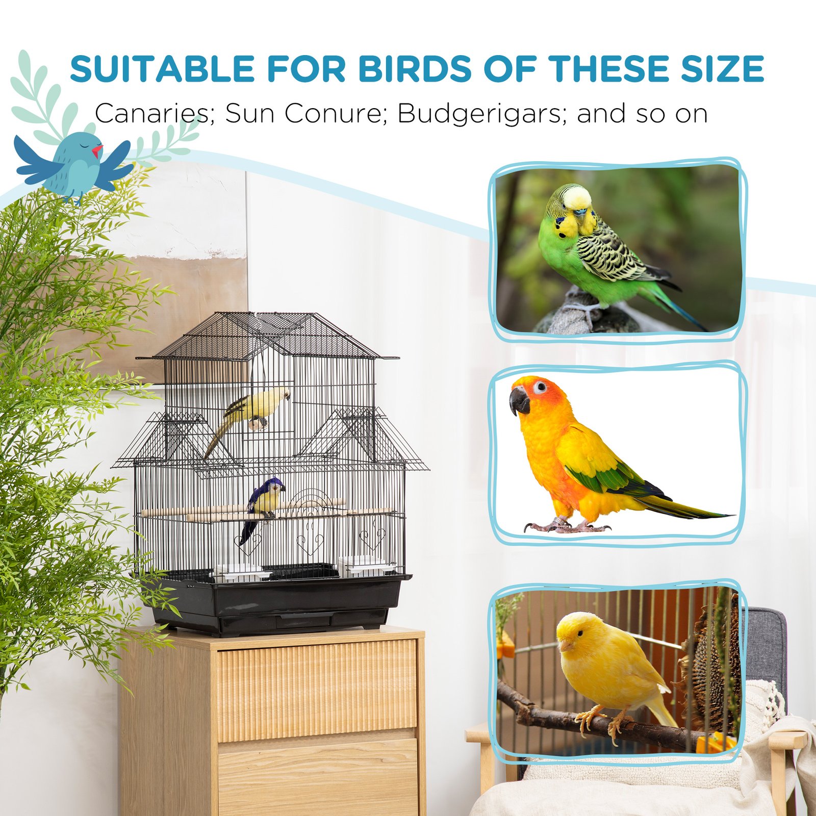 Metal Bird Cage with Plastic Swing Perch Food Container Tray Handle for Finch Canary Budgie 43.5 x 33 x 63 cm, Black - Image 7