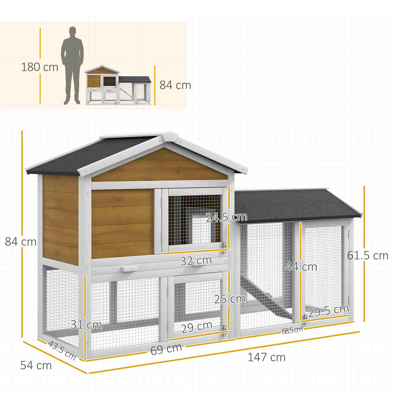 Wooden Rabbit Hutch Outdoor, Double Tier with Water-Resistant Roof, Ramp 147 x 54 x 84 cm, Yellow - Image 3