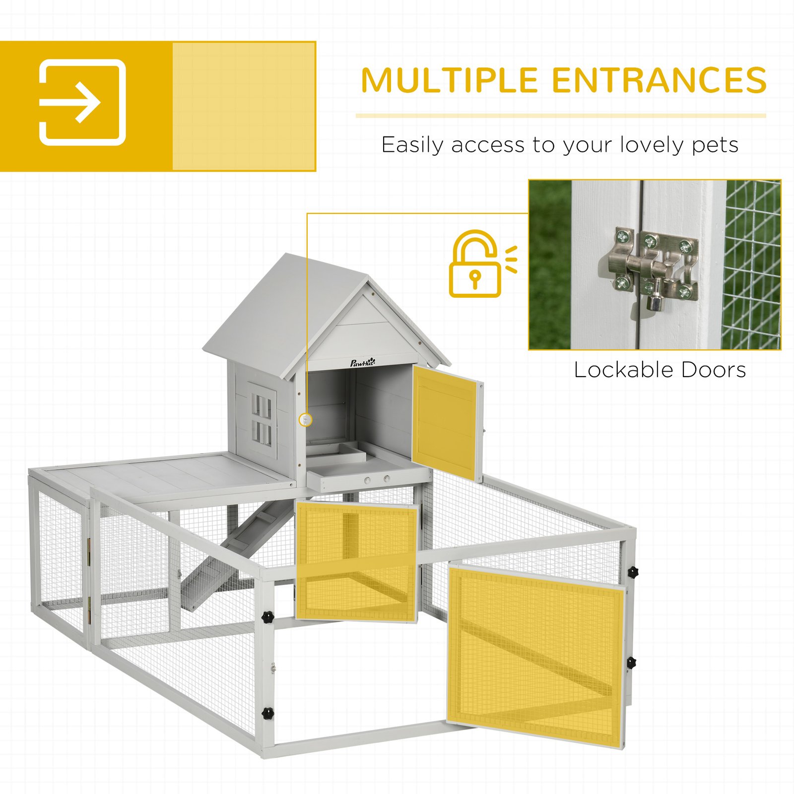 Indoor Rabbit Hutch, Guinea Pig Cage, with Slide-Out Tray, Large Fenced Area - Light Grey - Image 5