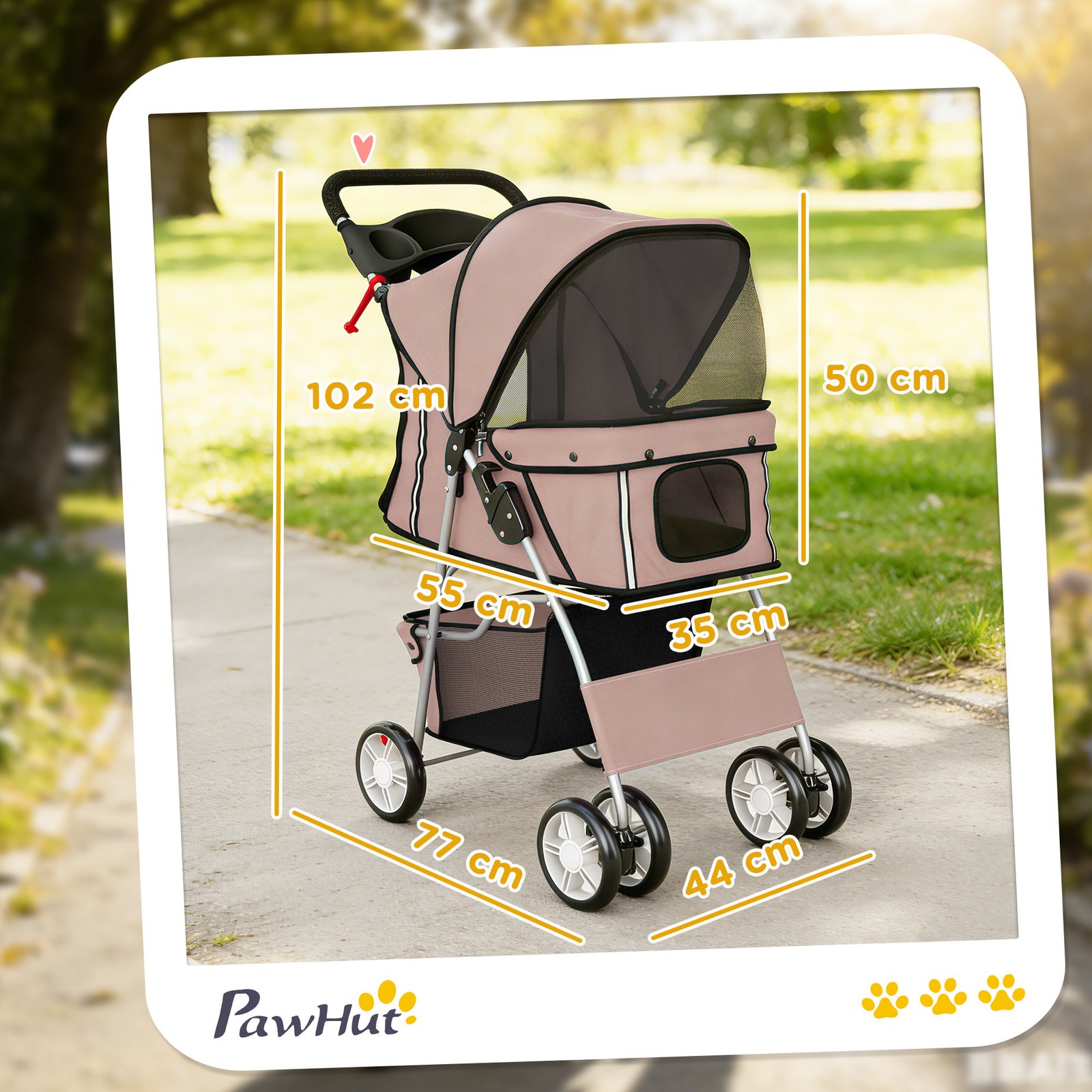 Dog Pram, Pet Stroller with Reflective Strips, Foldable Cat Stroller with 360° Swivel Wheels, Brown - Image 3