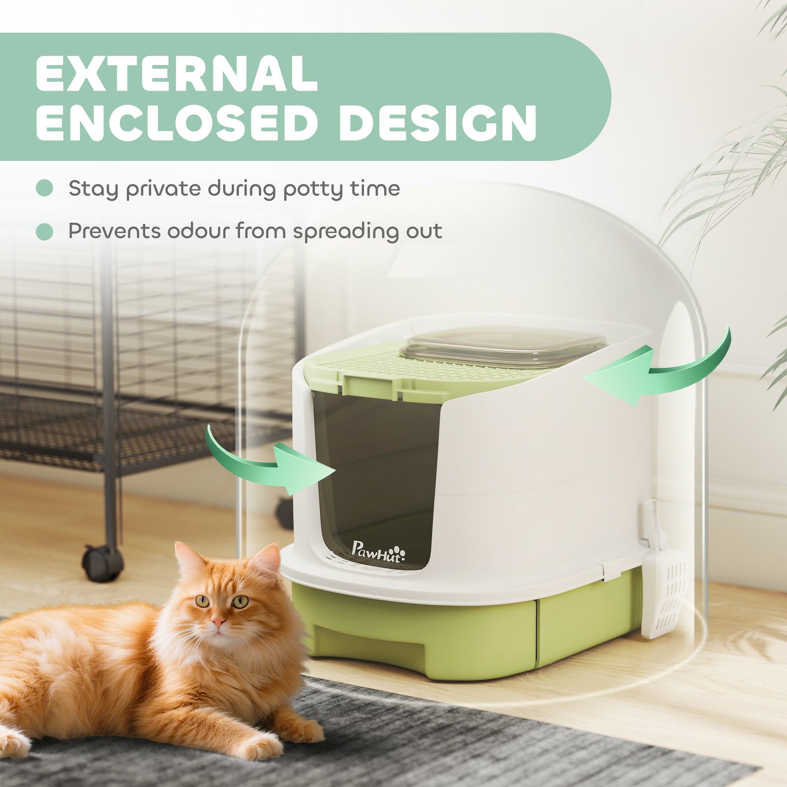 Cat Litter Box with Lid, Scoop, Deodorisation Bags, Top Entry, Green