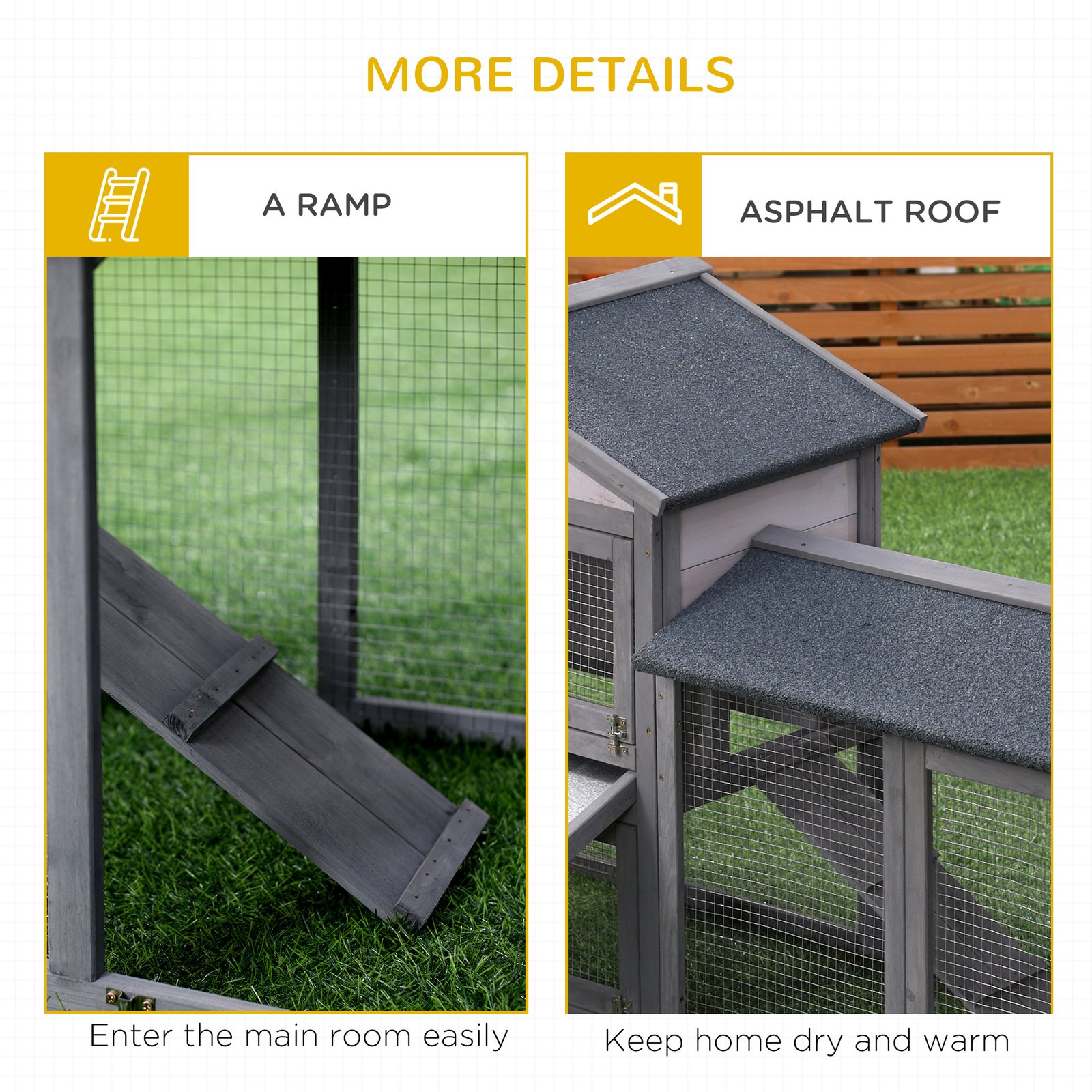 Wooden Rabbit Hutch Outdoor, Double Tier with Water-Resistant Roof, Ramp 147 x 54 x 84 cm, Grey - Image 7