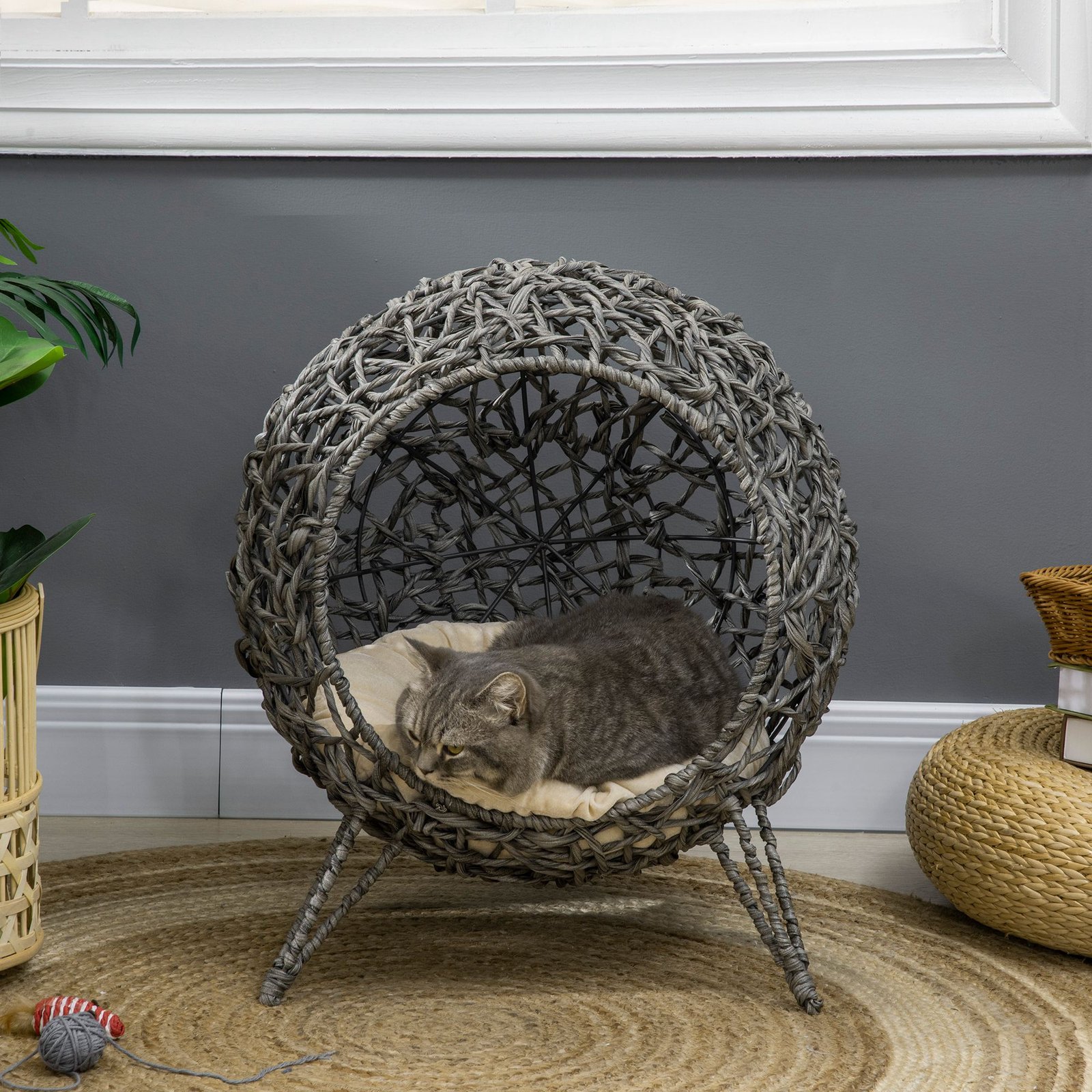 Rattan Elevated Cat Bed House Kitten Basket Ball Shaped Pet Furniture w/ Removable Cushion - Silver-Tone and Grey - Image 9
