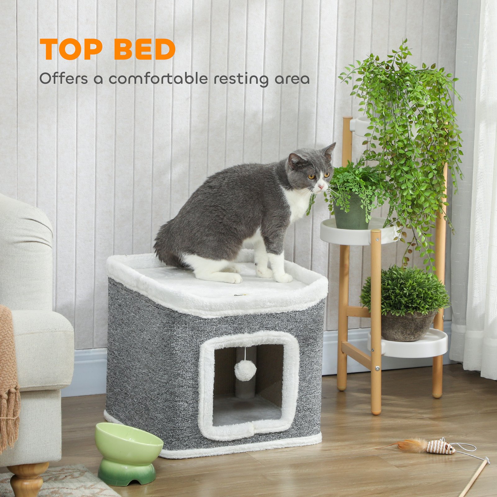 Cat House for Indoor Kittens, 2-Level Cat Cave Bed with Fluffy Balls, Top Bed, Kitten Barrel for Multi Kitties, Grey - Image 6