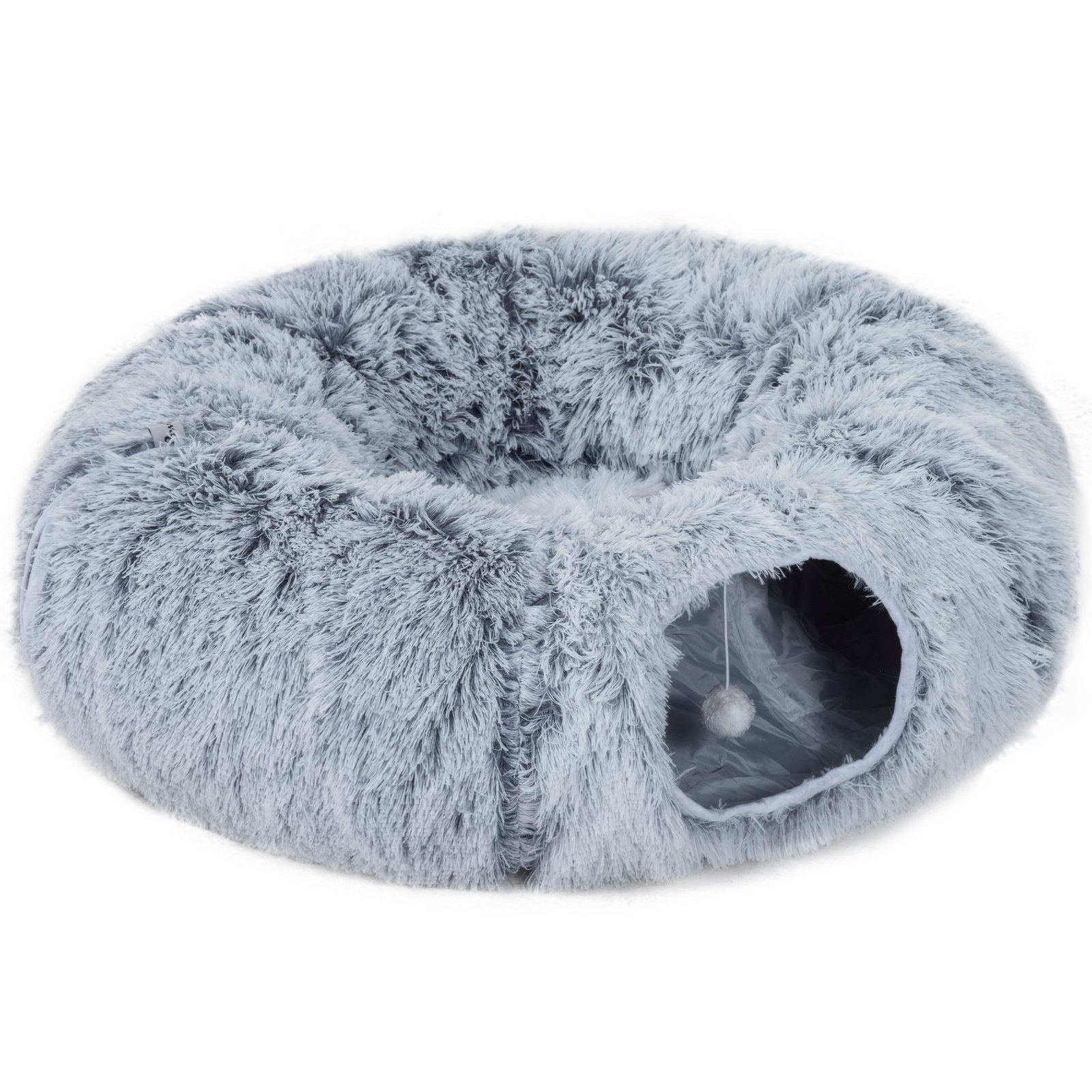 2-in-1 Donut Cat Tunnel with Washable Bed, Play Tunnel Bed with Toy Ball and Door Hole for Indoor Cats, Light Grey