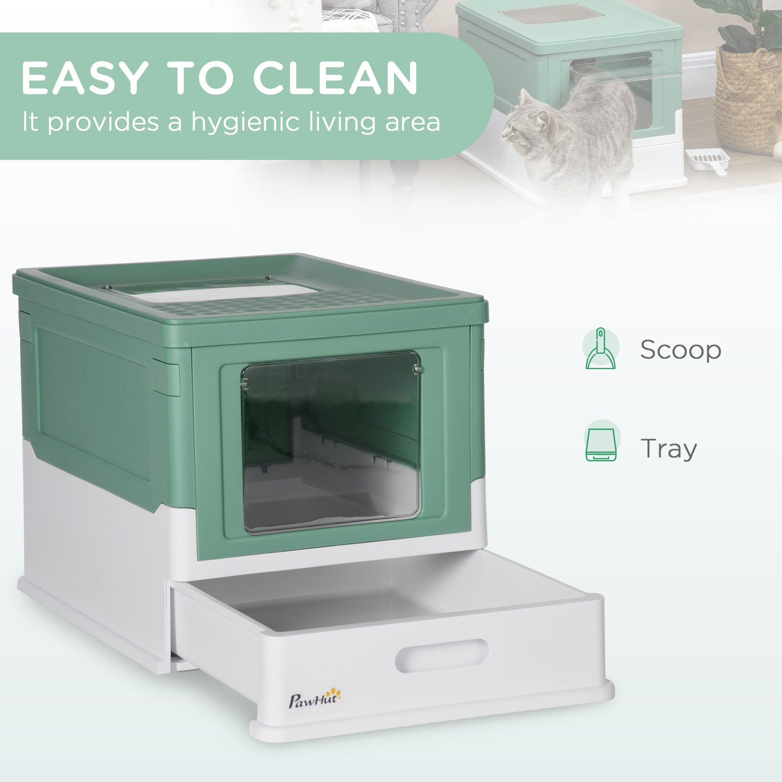 Hooded Cat Litter Box, Portable Pet Toilet, with Scoop, Front Entry - Green