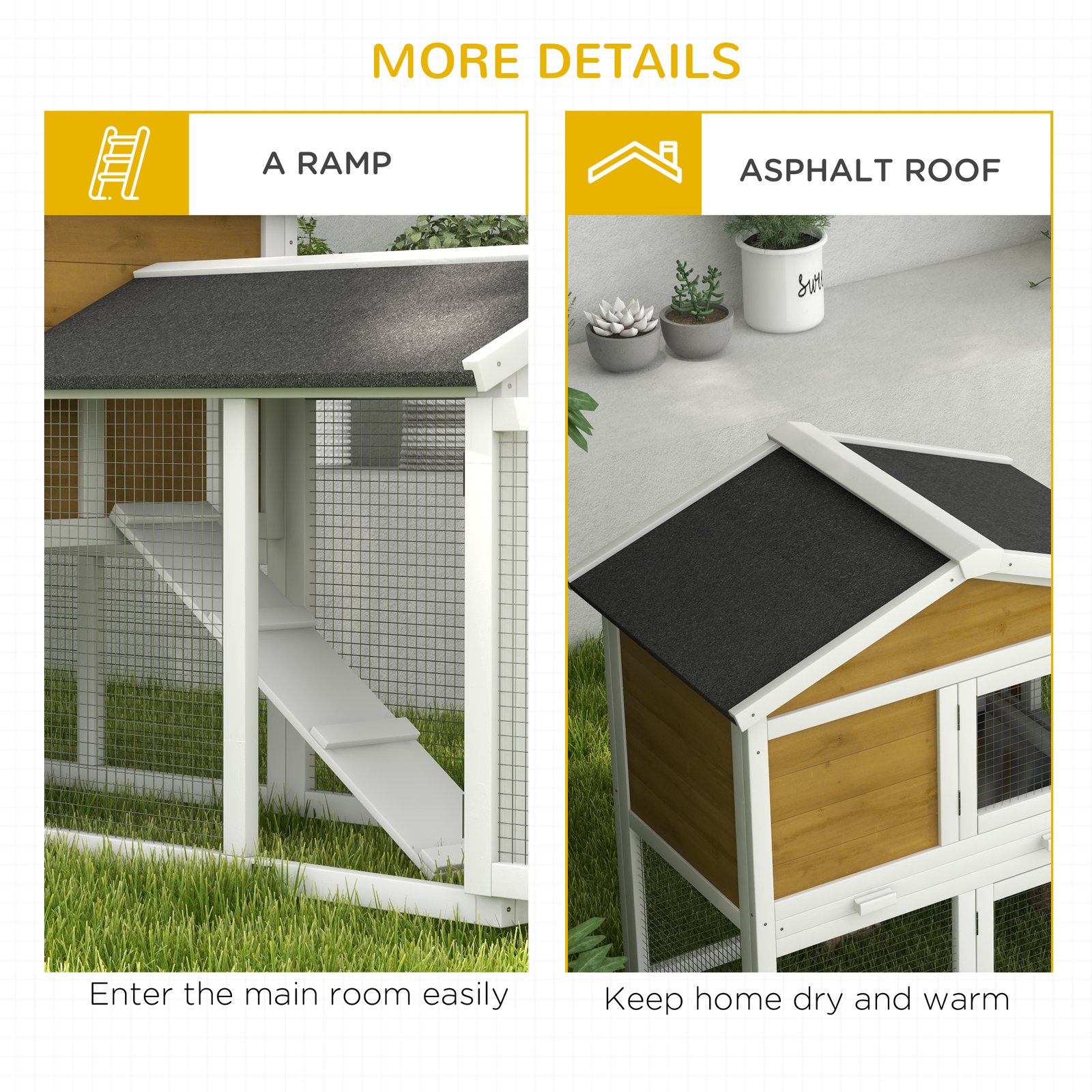 Wooden Rabbit Hutch Outdoor, Double Tier with Water-Resistant Roof, Ramp 147 x 54 x 84 cm, Yellow - Image 7