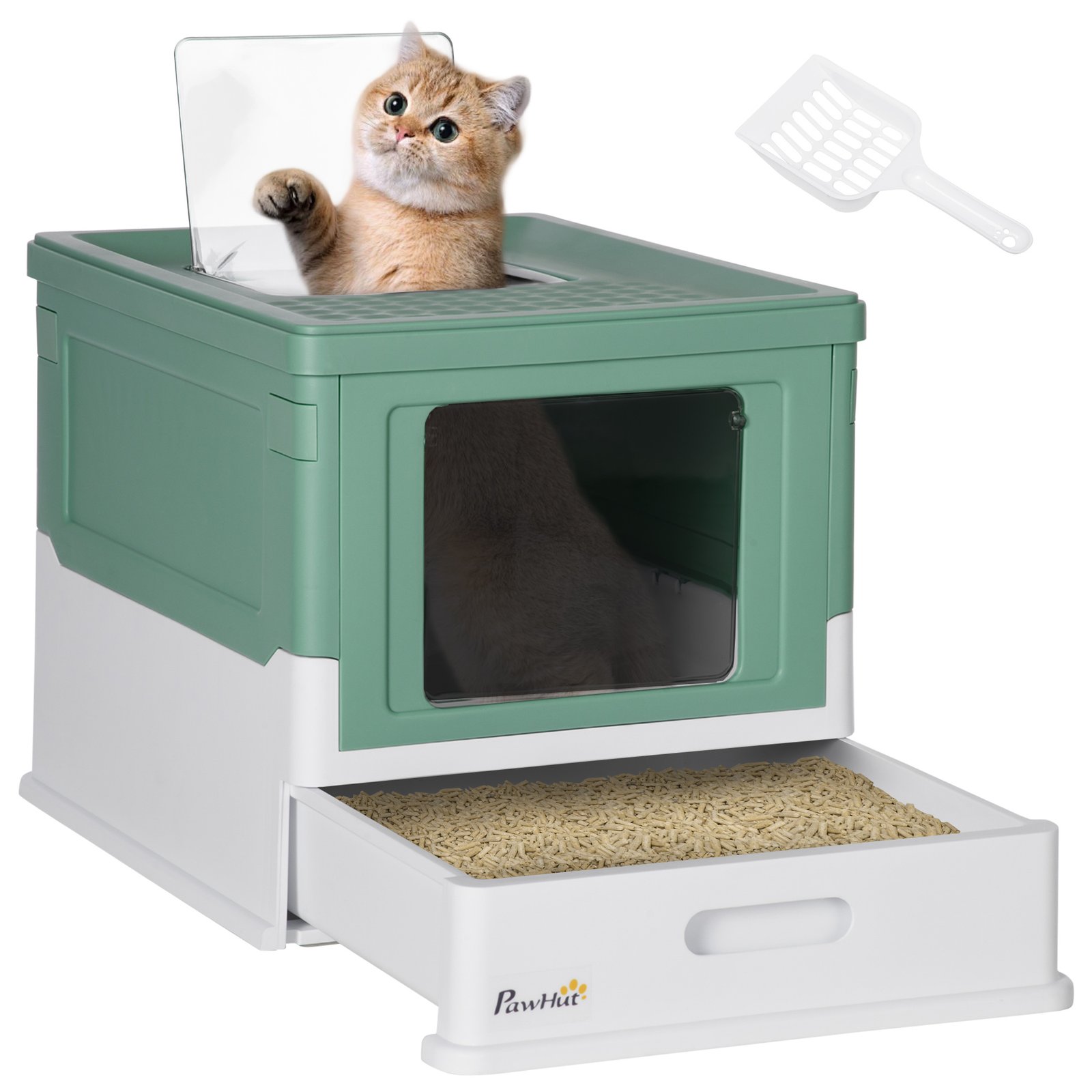 Hooded Cat Litter Box, Portable Pet Toilet, with Scoop, Front Entry - Green