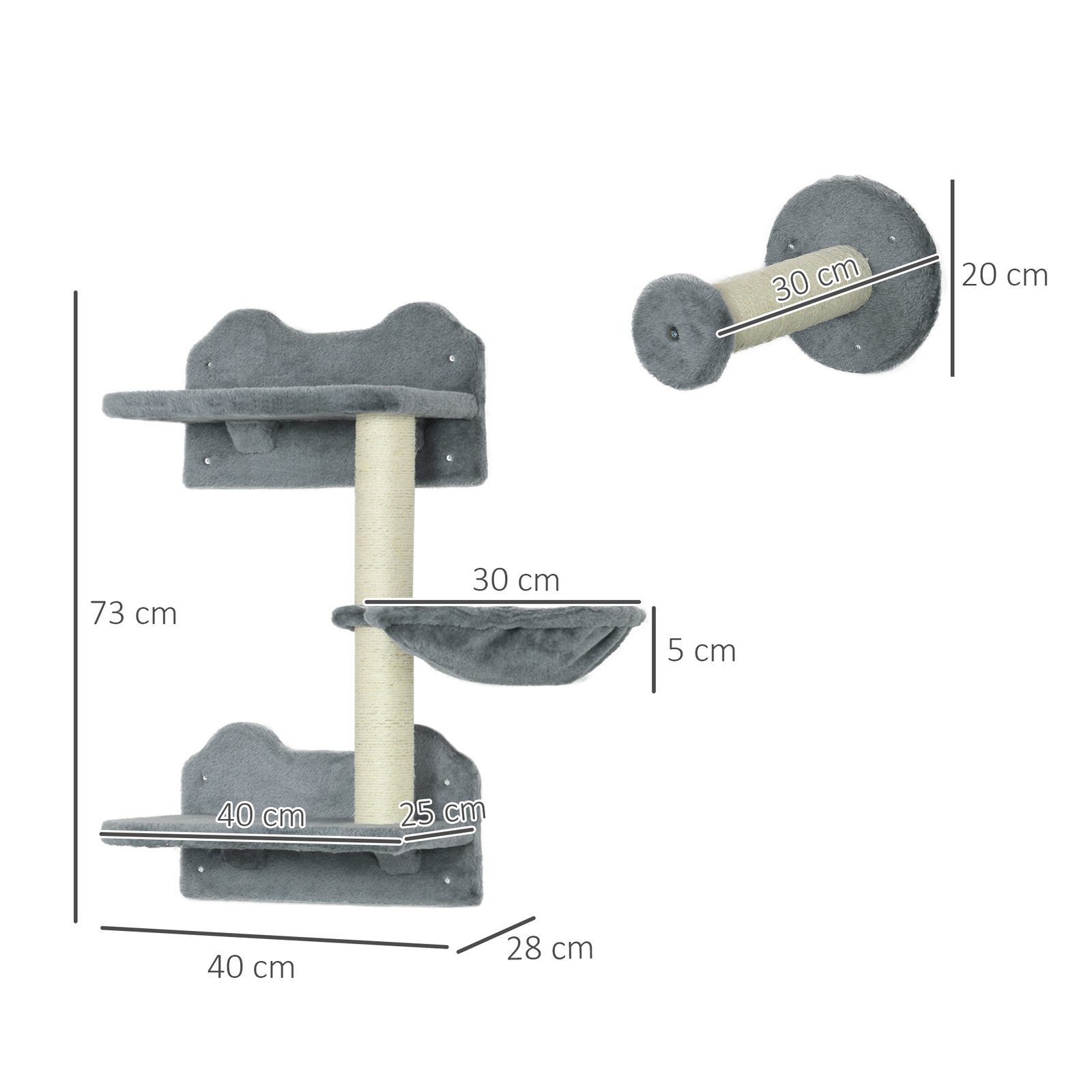 4 Piece Cat Shelf with Scratching Post, Wall-Mounted Cat Tree for Indoor Cat - Grey - Image 3
