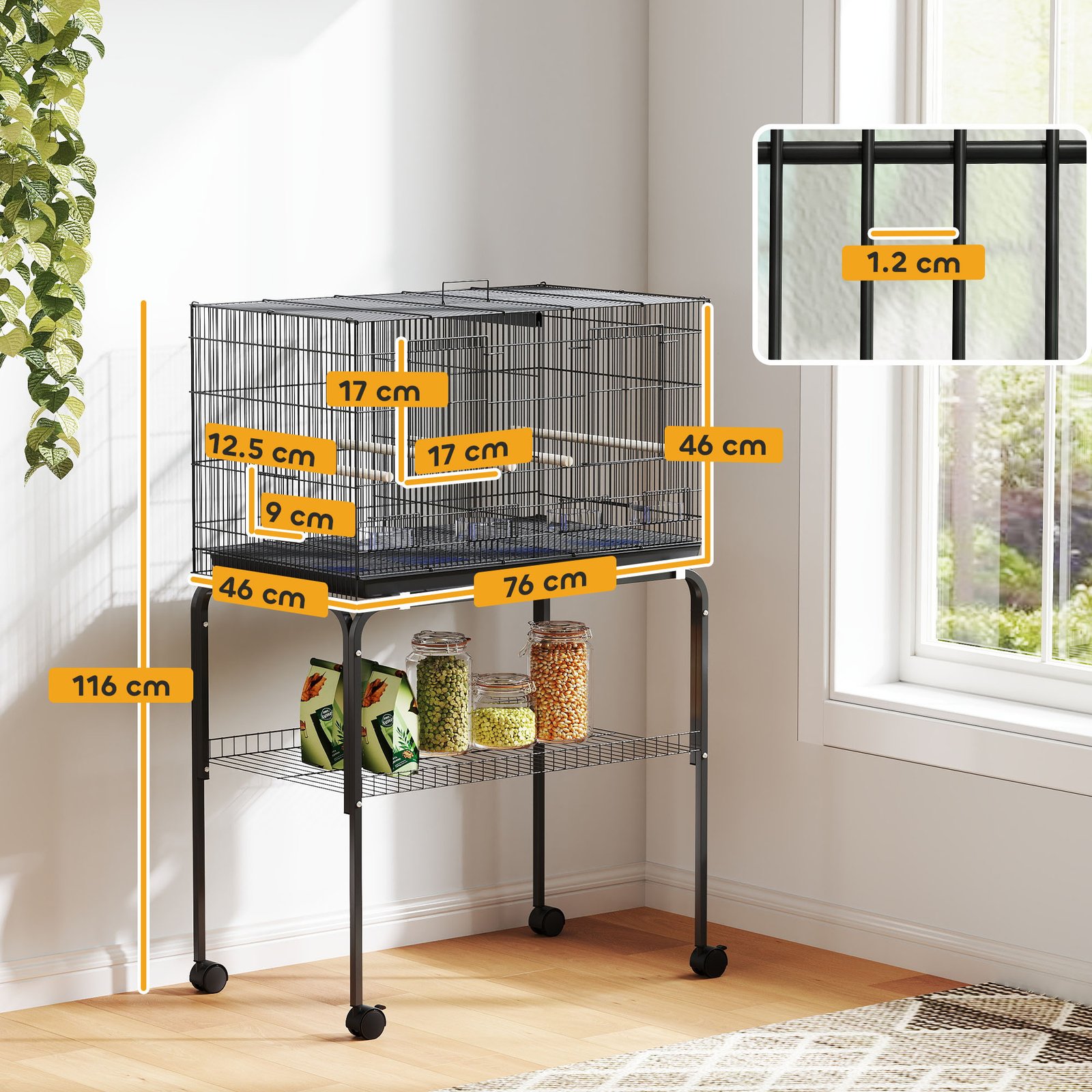 Bird Cage with Divider, 4 Wooden Perches, Slide Out Tray, 4 Feeders, for Budgie, Lovebird, Canary, 76 x 46 x 116cm Black - Image 3