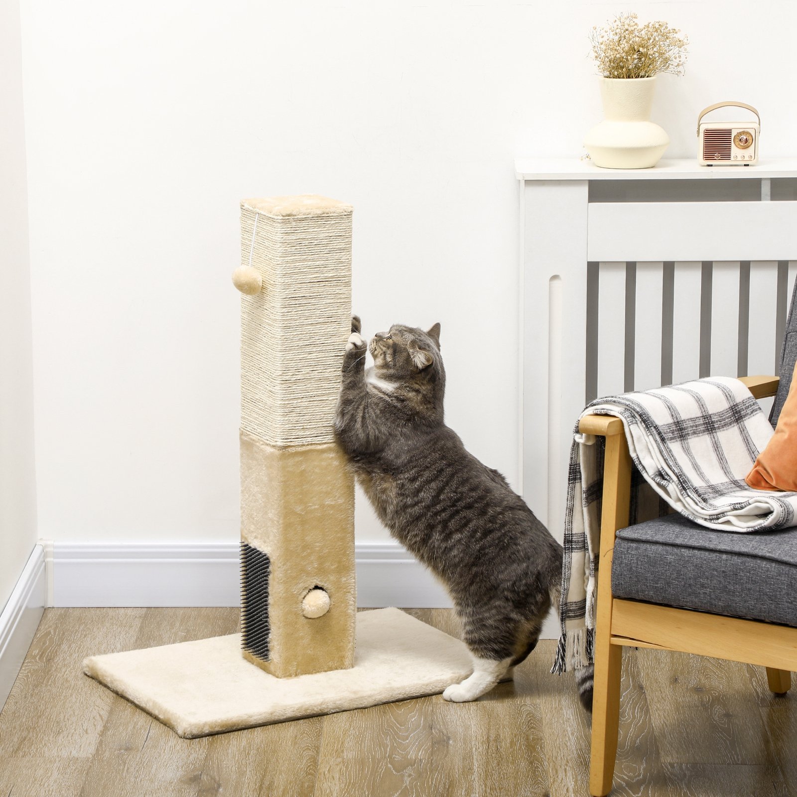 Jute Cat Scratching Post w/ Carpet Base Hanging Toy - Beige - Image 9