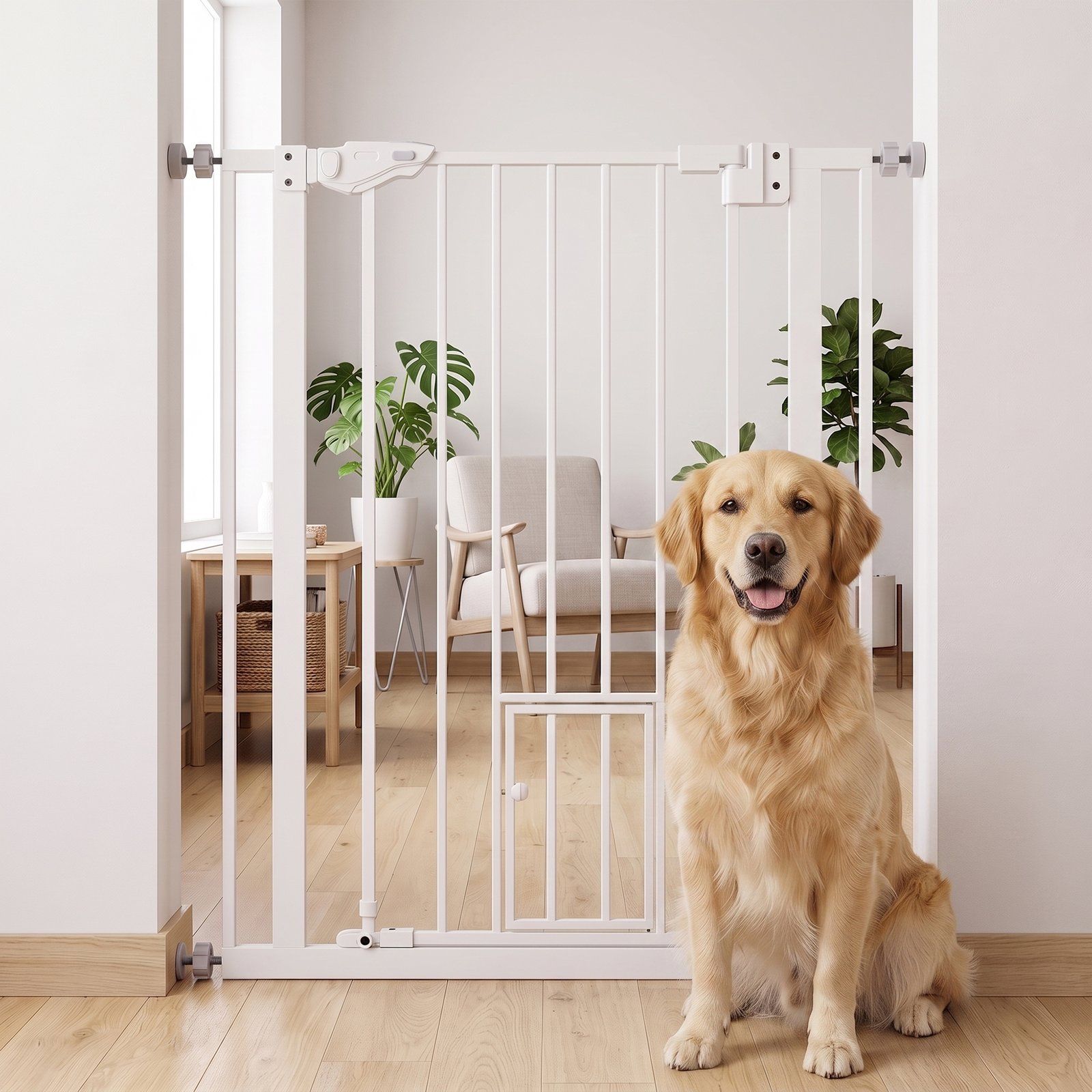 Extra Tall Pet Gate, Indoor Dog Safety Gate, with Cat Flap, Auto Close, 74-80cm Wide - White