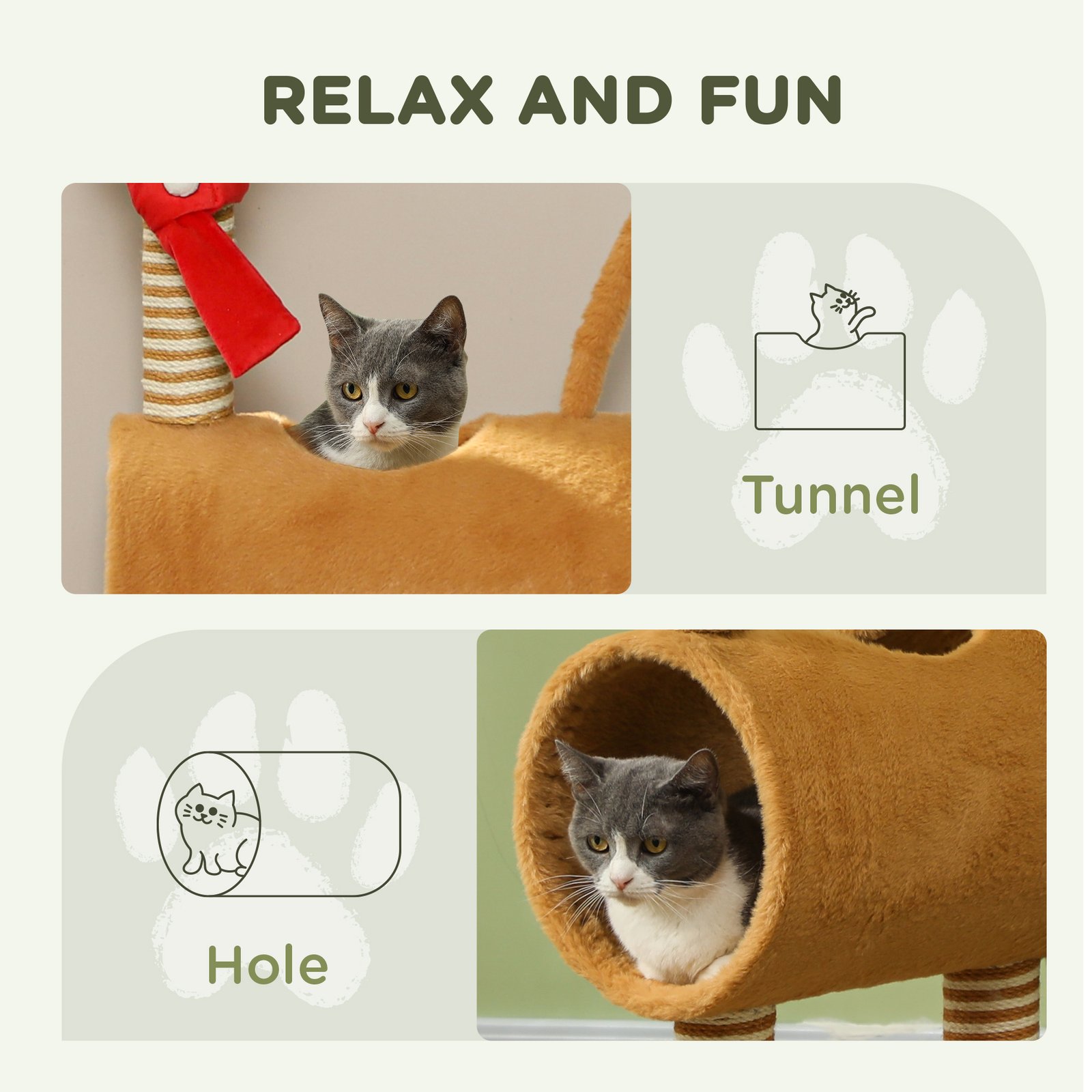 98cm Deer-Designed Cat Tree with Scratching Posts, Toy Ball, Tunnel, Brown - Image 5
