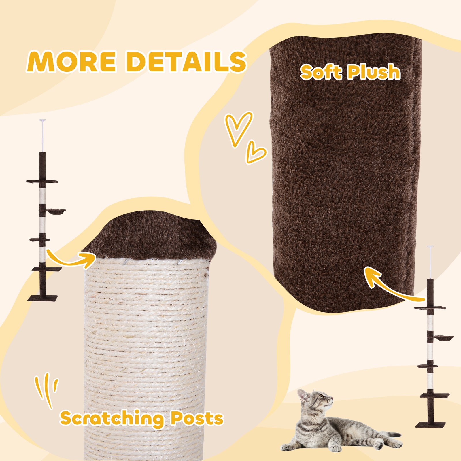 Floor to Ceiling Cat Tree 230-260cm Height Adjustable, 5-Tier Cat Tower with Scratching Posts, Hammock, Perches, Climbing Activity Centre for Indoor Kittens Playing and Relaxing, Brown