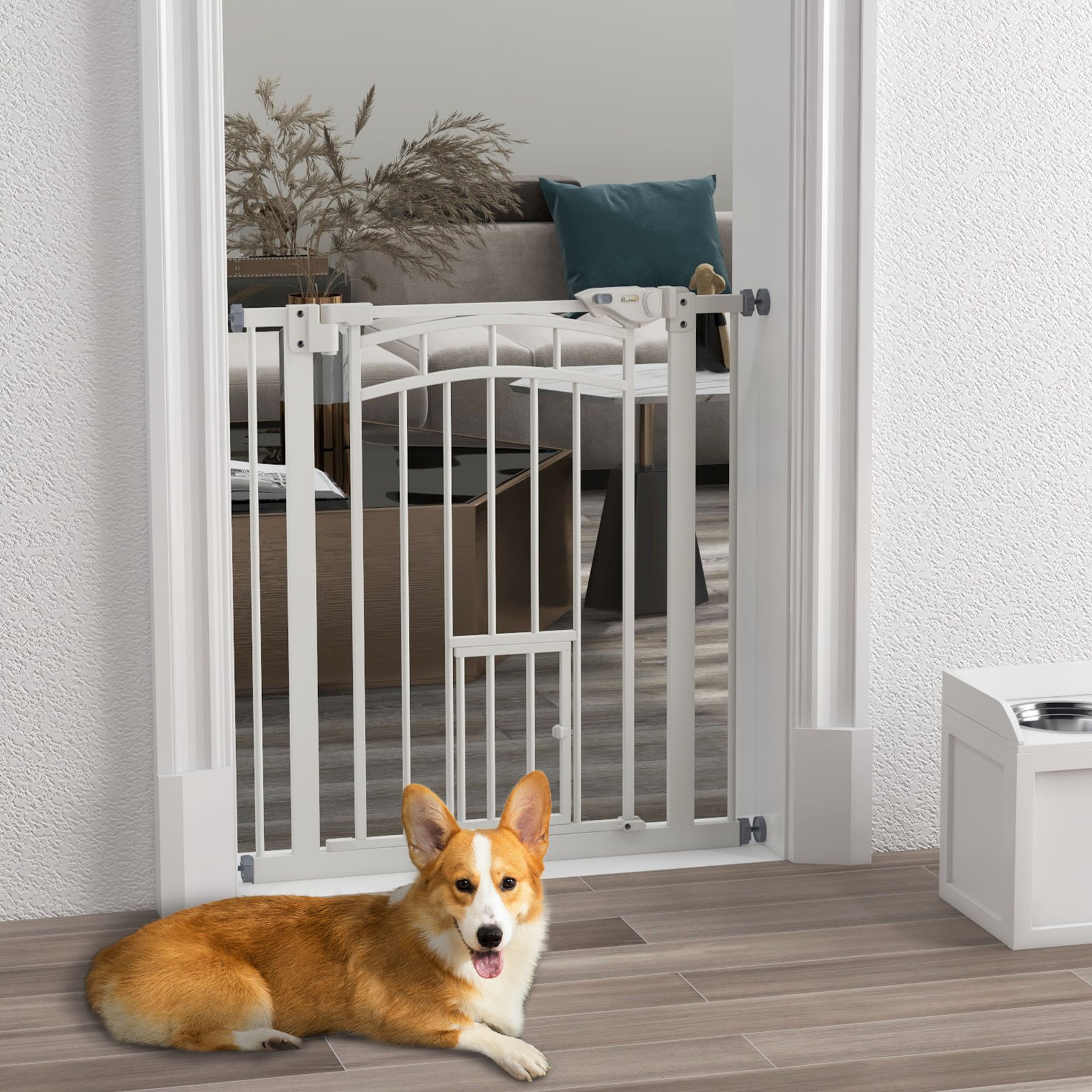 Pressure Fit Stair Gate, Dog Gate w/ Small Cat Door, Auto Closing System, Double Locking Openings, 74-80cm - White - Image 9
