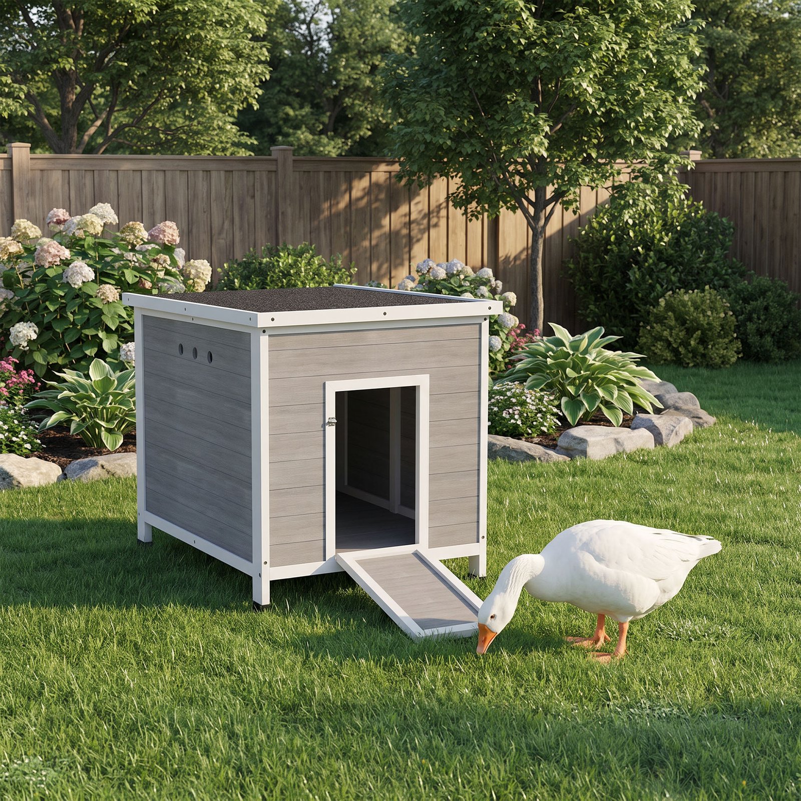 Wooden Duck House with Ramp, Double Doors, Openable Asphalt Roof, Ventilation Holes, Removable Base, Light Grey