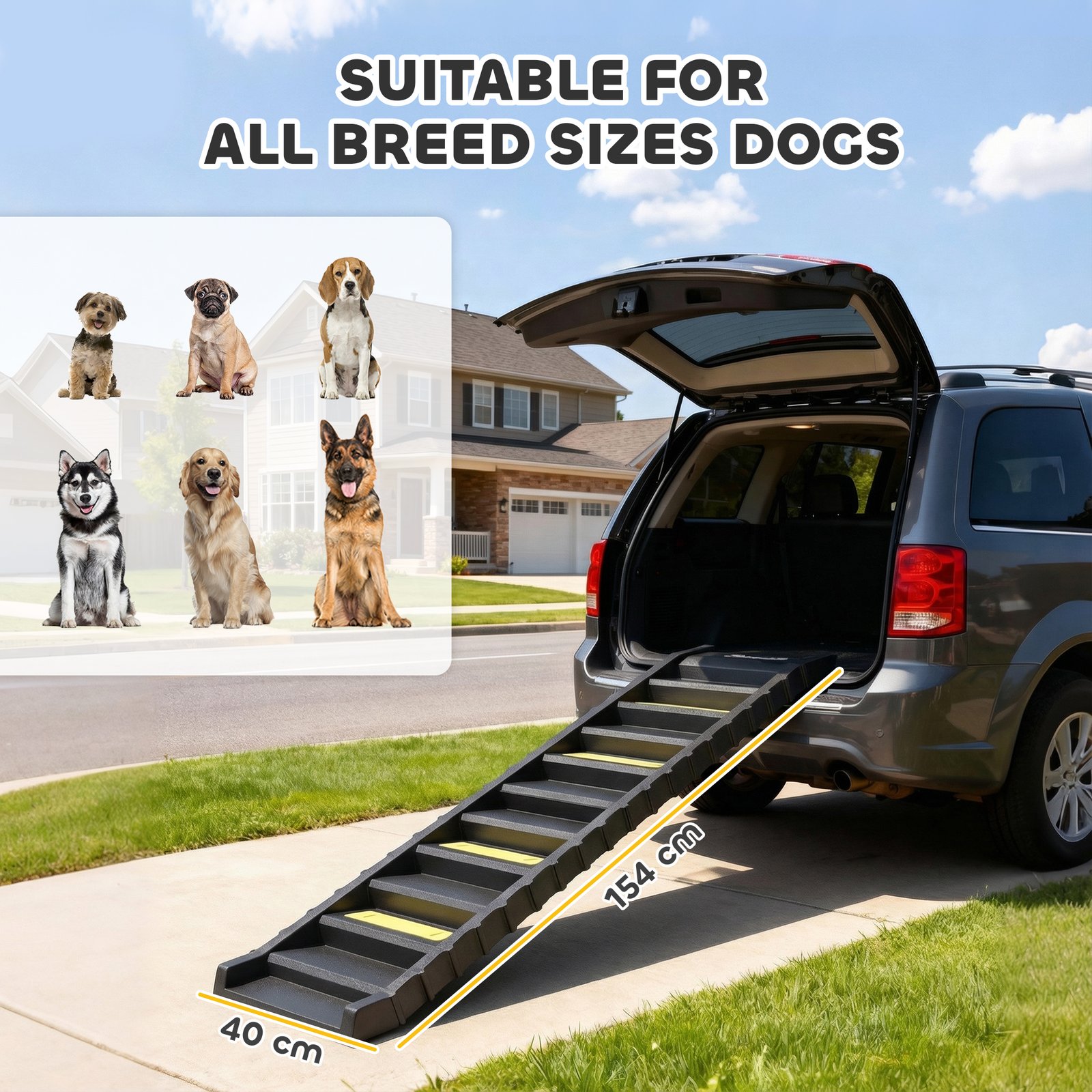 Dog Car Ramp with Anti-Slip Steps, 10-Steps Pet Stairs for Pets to Access Cars and High Beds, Black