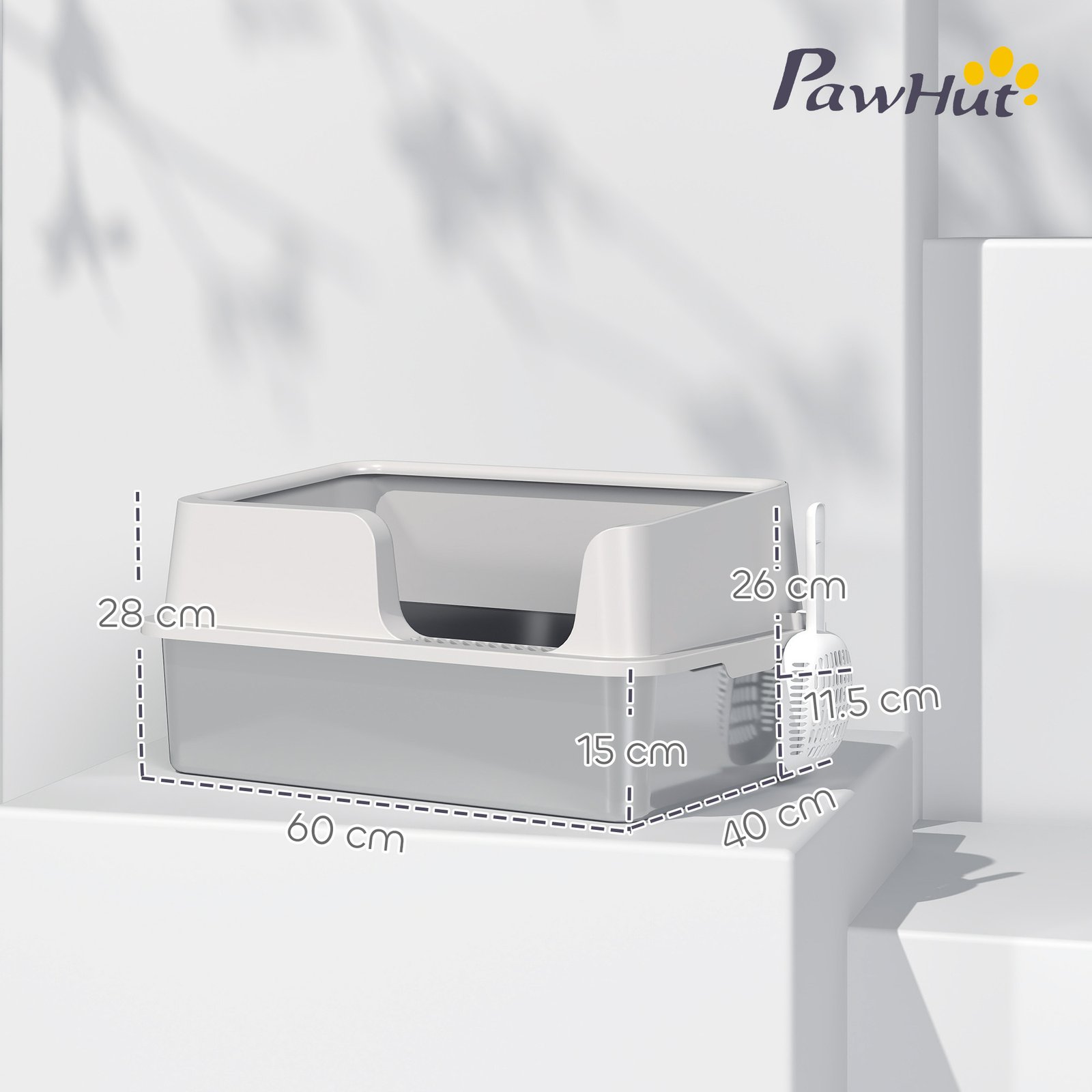 Stainless Steel Litter Box with Detachable Rim, Scoop, Easy Cleaning, Odour-Resistant, 60 x 40 x 28 cm
