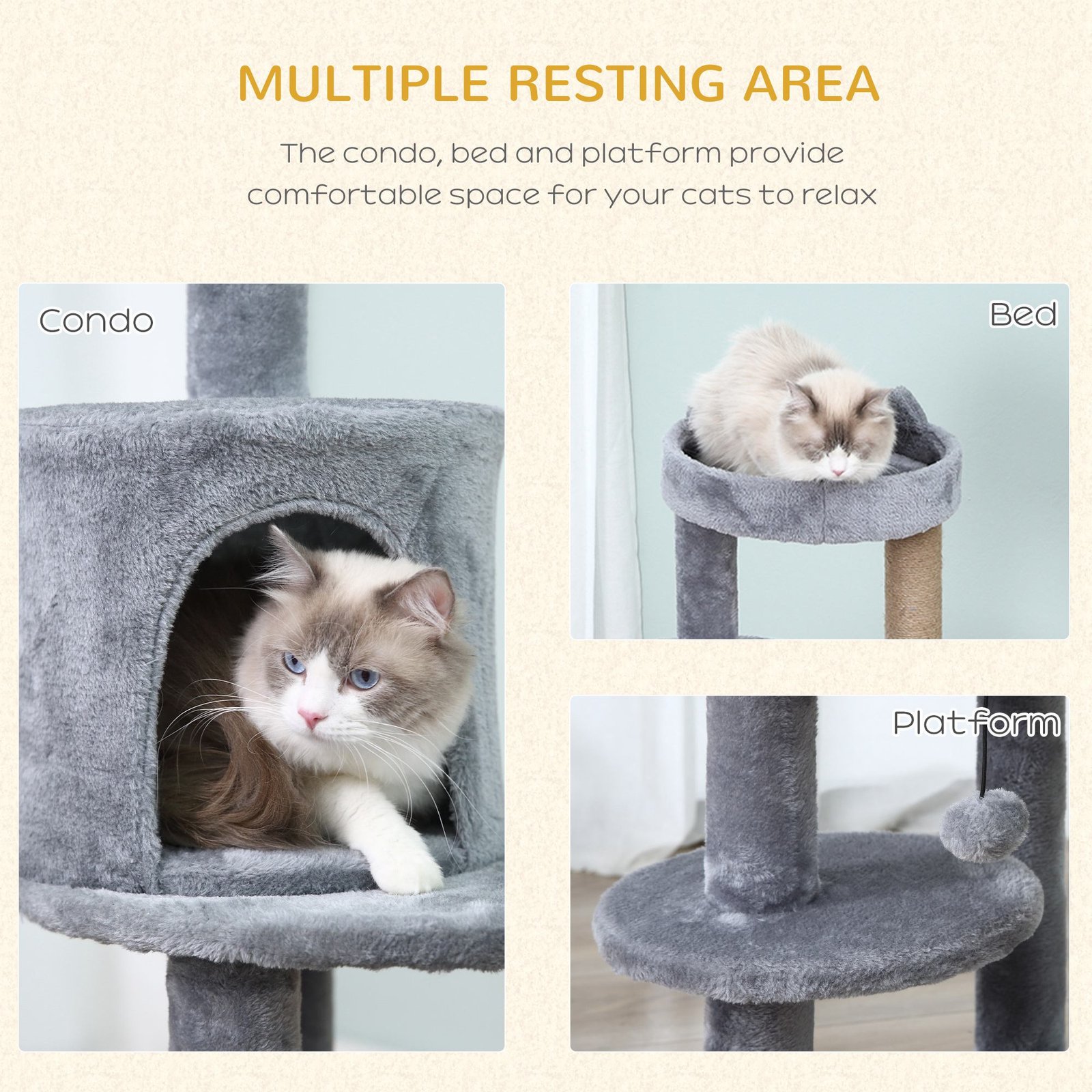 104 cm Cat Tree, Cat Condo Tree Tower, Cat Activity Centre with Scratching Posts, Plush Perches, Hanging Ball - Grey