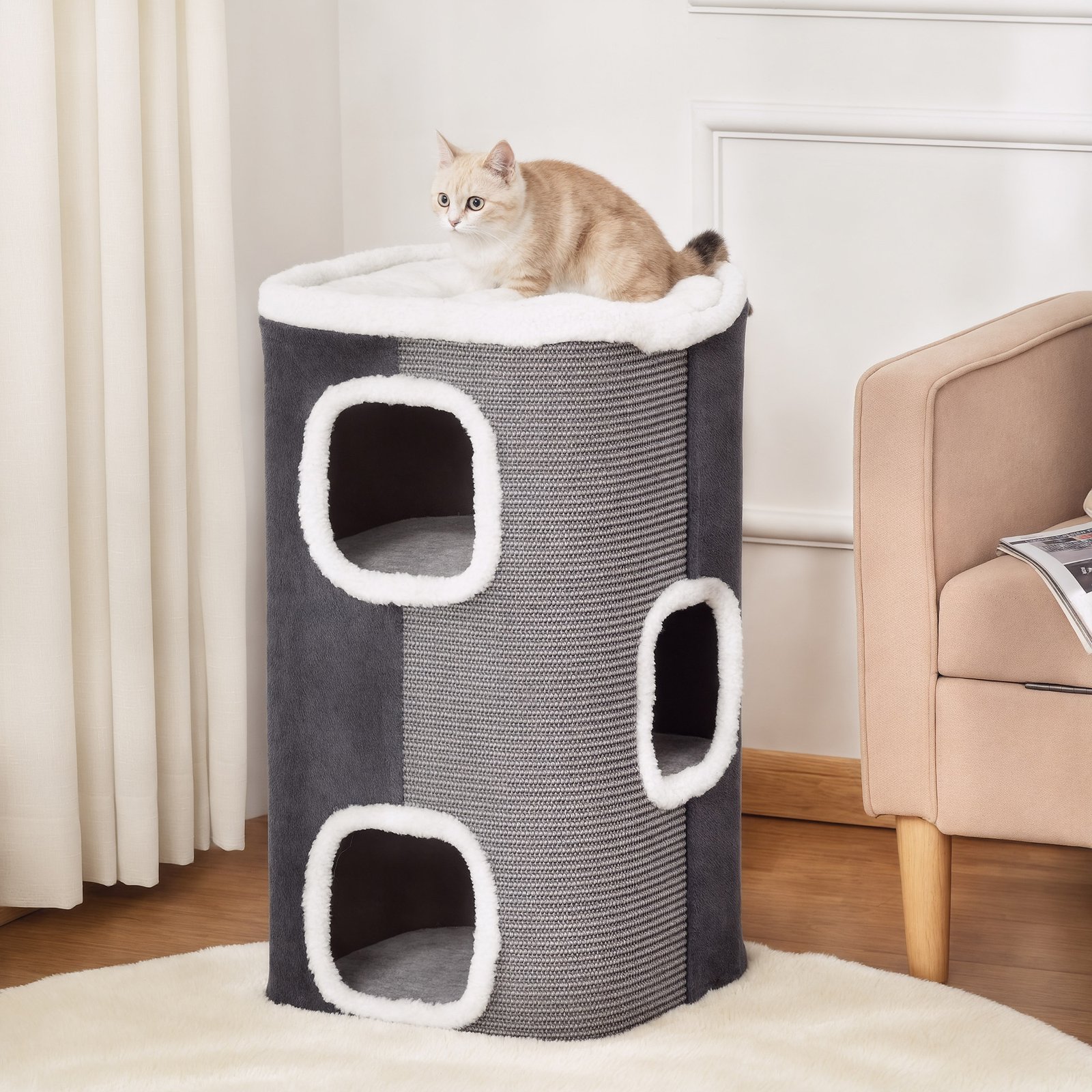 Cat Barrel Scratching Post Cat Tree for Indoor Cats Kitten Climbing Frame Pet Play Tower Soft Plush & Lamb Fleece Grey