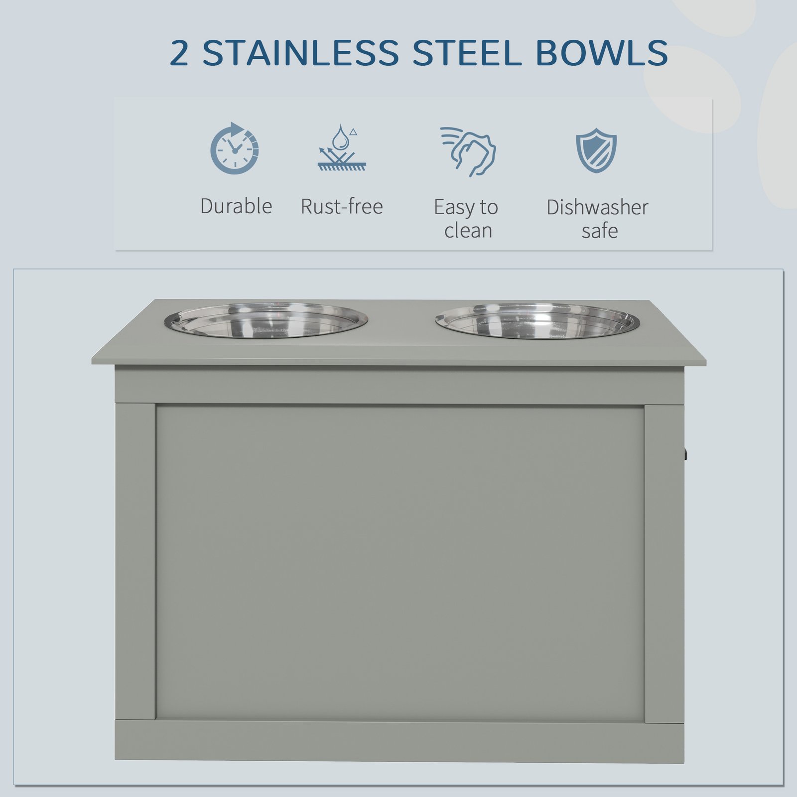 Raised Dog Bowls, with Storage, Two Stainless Steel Bowls, Elevated Base - Grey - Image 5