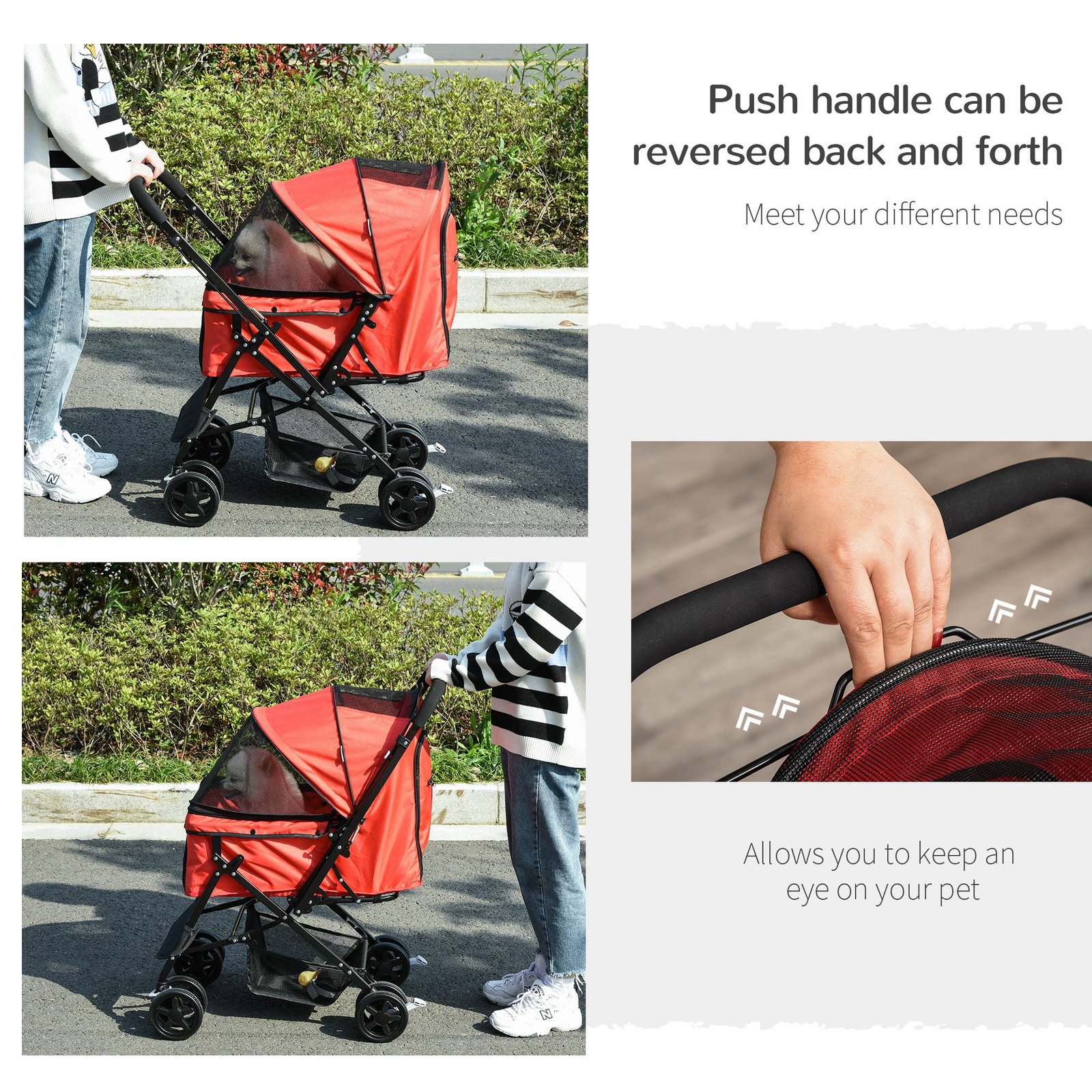 Pet Stroller Pushchair Foldable Travel Dog Cat Carriage w/ Reversible Handle Brake Basket
