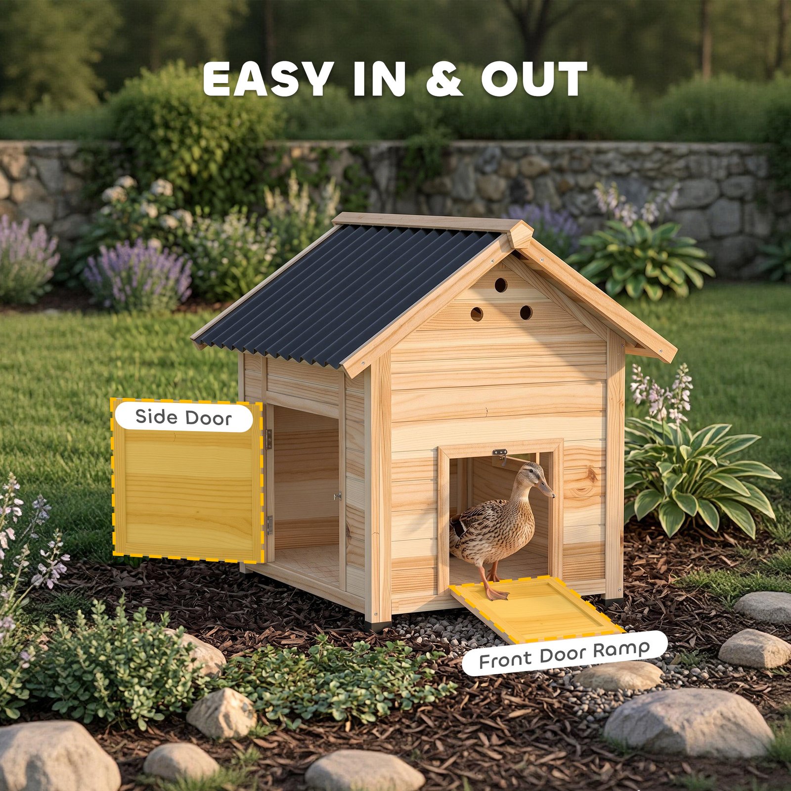 Wooden Duck House with Double Doors, Openable Roof, Ventilation Holes, Removable Base, Natural Wood Finish