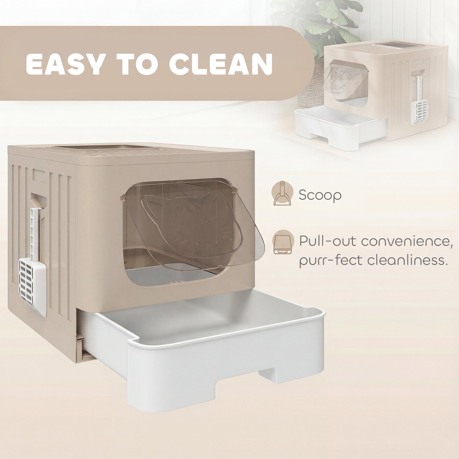 Cat Litter Box with Lid, Slide-Out Drawer, Scoop, Easy Clean, Odour Control, Anti-Splashing, Khaki