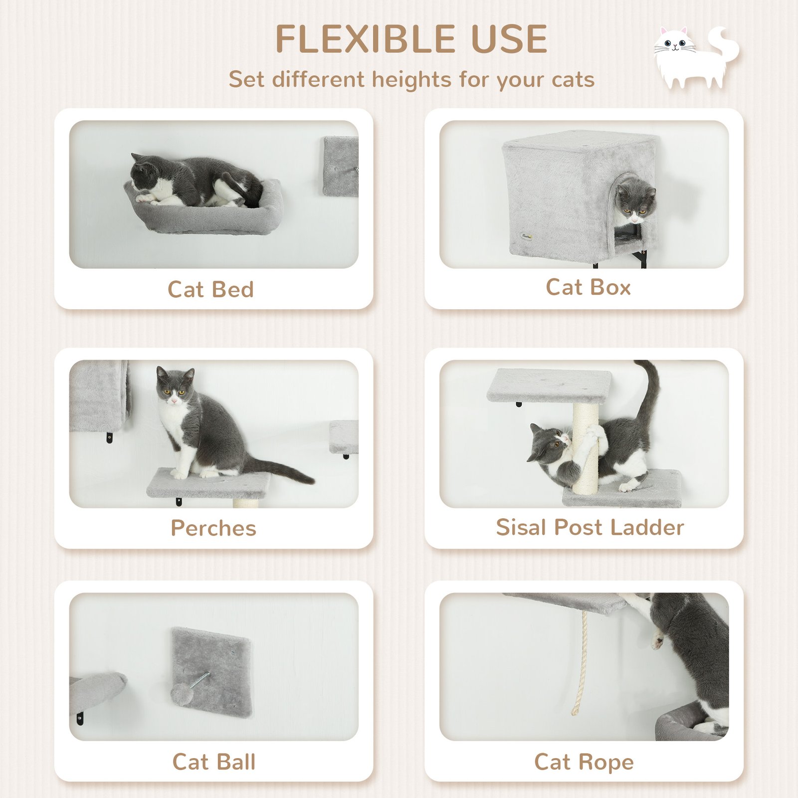 6-Piece Cat Wall Shelves Set with Condo, Cat Wall Furniture with Platforms, Sisal Scratching Post, Bed, Toy Ball, Grey