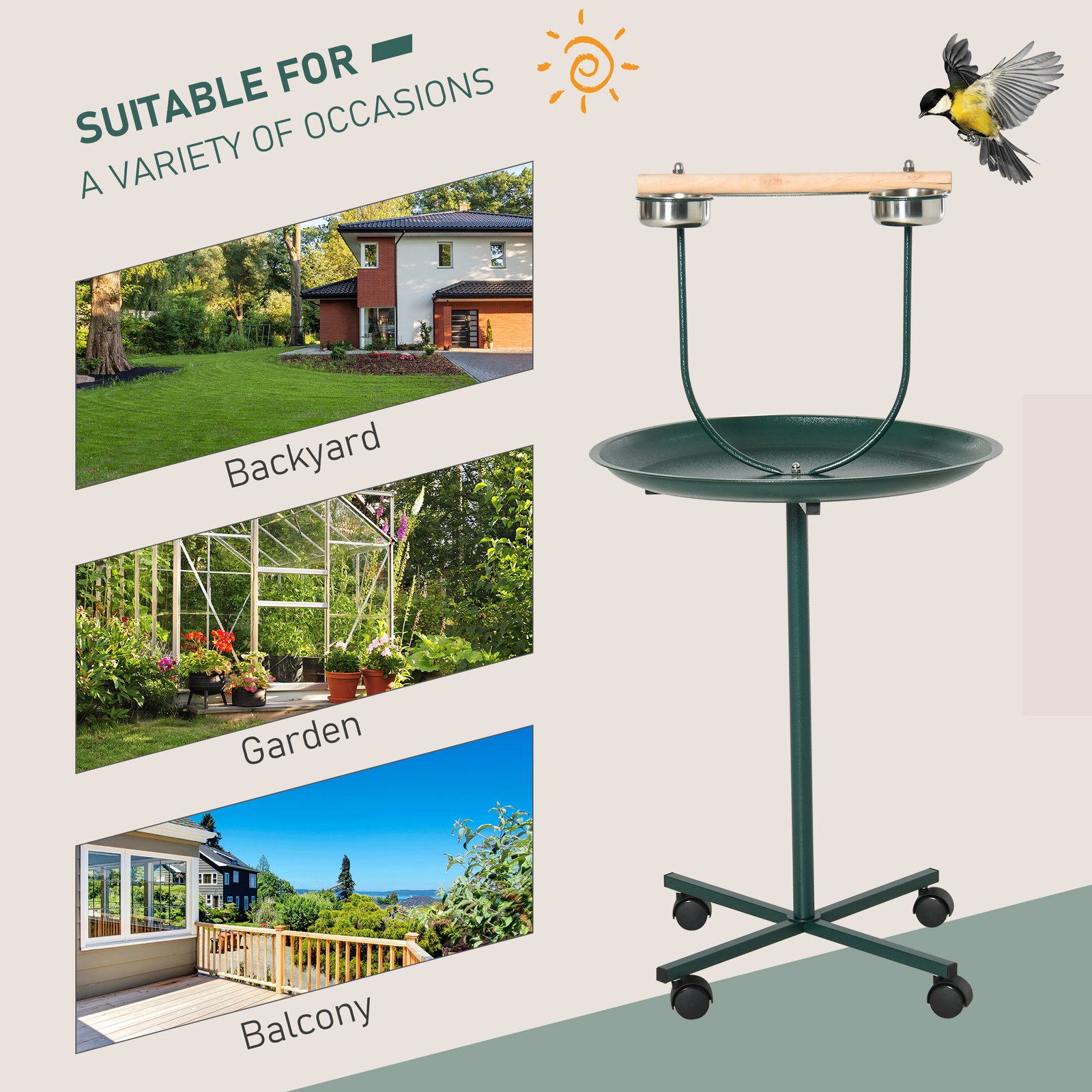 Bird Perch Stand with Four Wheels, Feeding Bowls, for Small, Medium Birds, Green