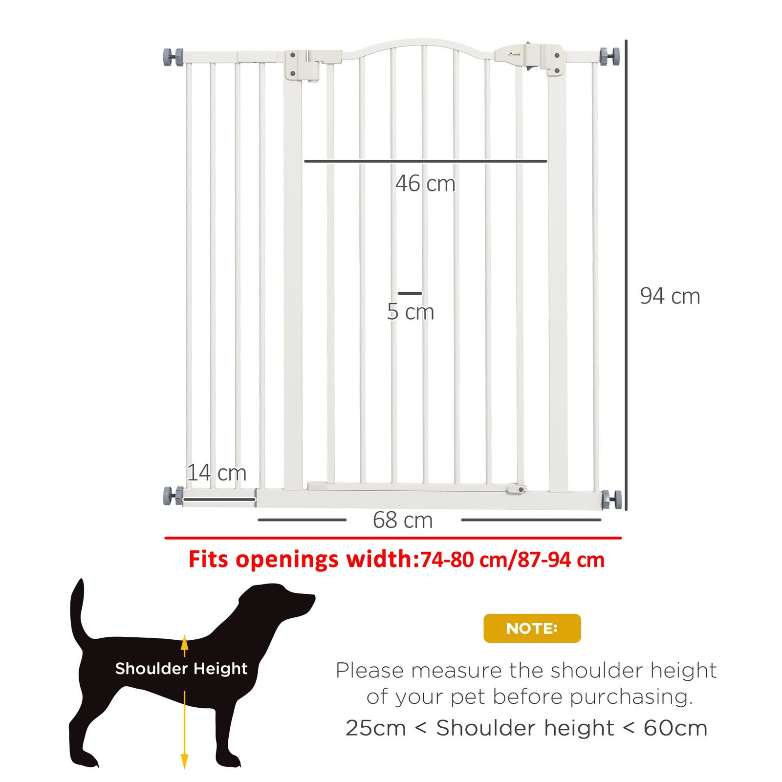 Pressure Fit Dog Stair Gate No Drilling Safety Gate Auto Close for Doorways, Hallways, 74-94cm Adjustable, 94cm Tall, White