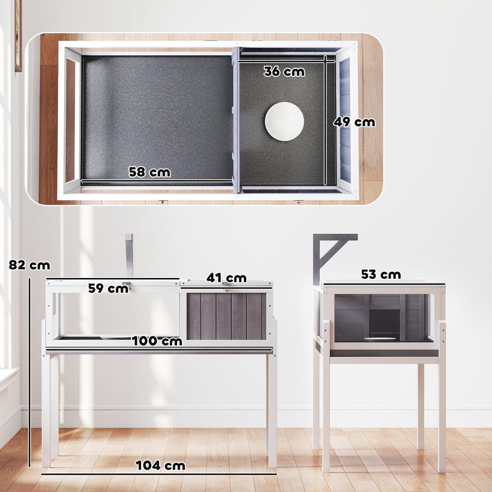 Wooden Tortoise House with Dual-Zone Habitat, Clear Panels, Openable Top, Metal Mesh, for Tortoises and Small Pets, Grey