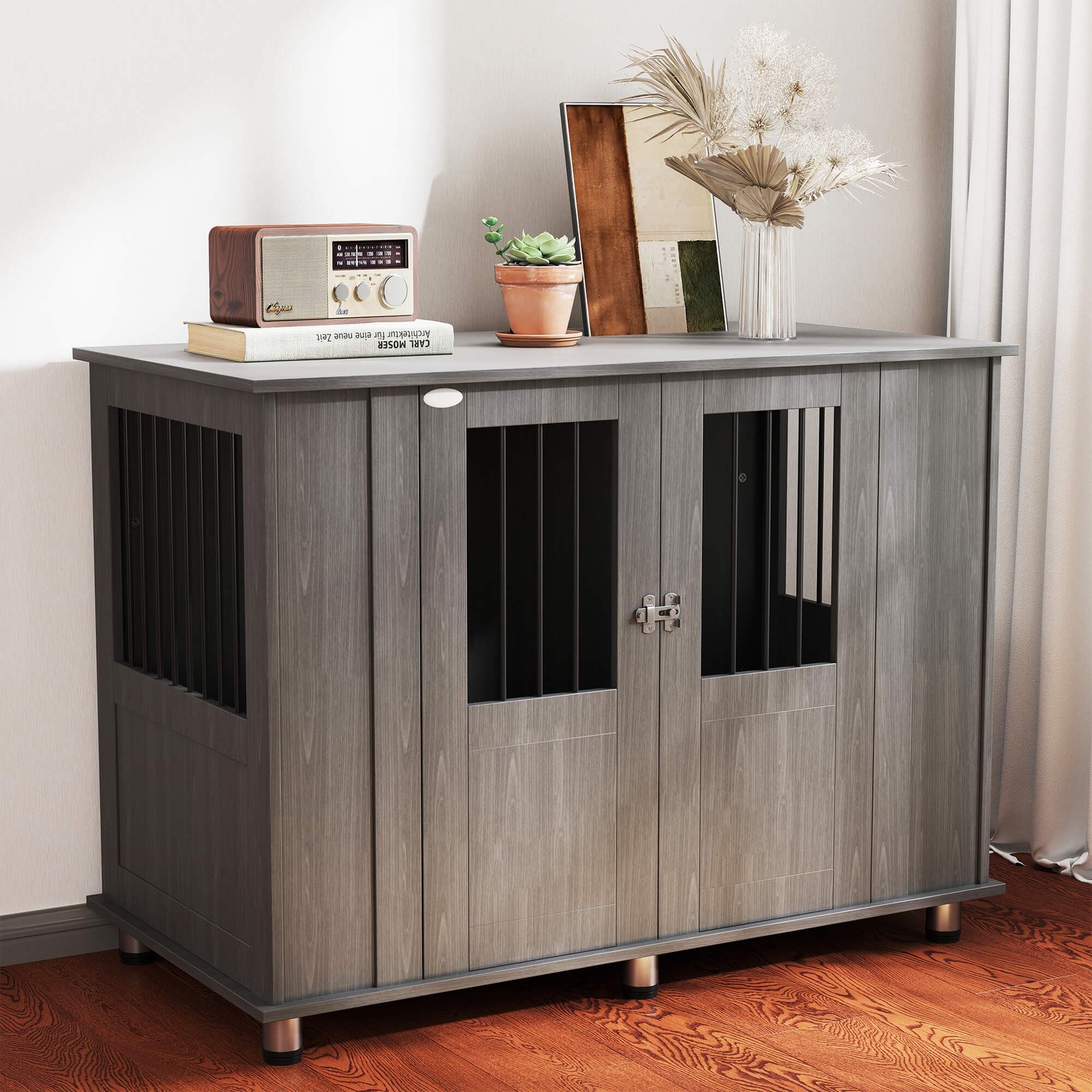 Dog Crate Table for Medium and Large Dogs with Magnetic Door for Indoor Use, 114 x 60 x 82 cm, Grey - Image 9