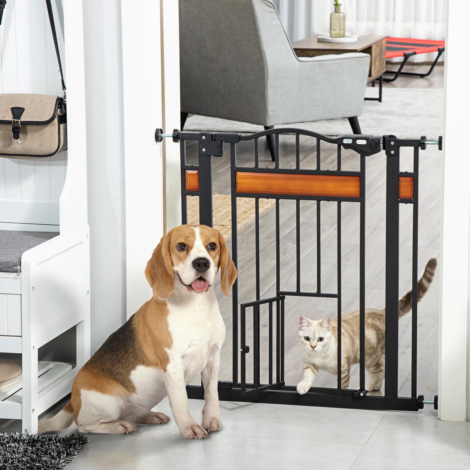 Pet Gate Safety Gate, with Cat Flap, Auto Close, for Staircases, Doorways, Hallways, 74-80cm Wide - Black - Image 9