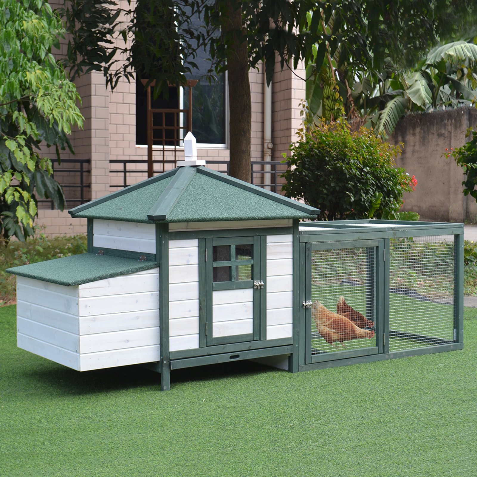 Chicken Coop, Small Animal Pet cage w/ Nesting Box, Wooden Outdoor Run, Green