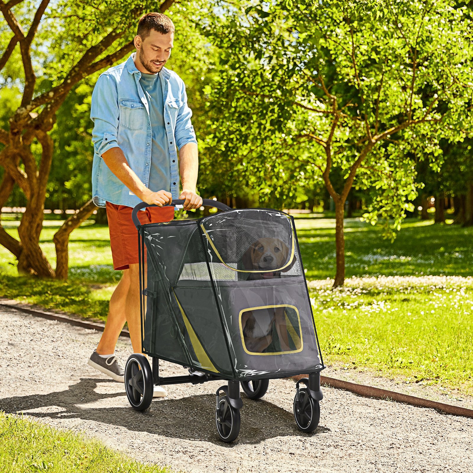 One-Click Foldable Pet Travel Stroller with Rain Cover, Cat Dog Pushchair with Universal Front Wheels, Shock Absorber, Storage Bags, Mesh Window, Safety Leash for Large and Medium Dogs (Grey) - Image 9