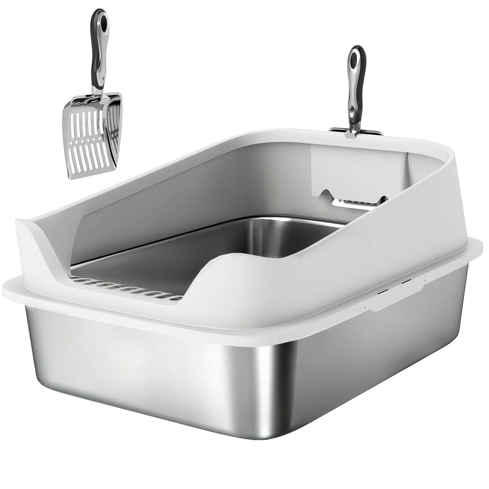 XL Stainless Steel Cat Litter Box with High Sides, Metal Scoop, 60 x 40 x 30 cm