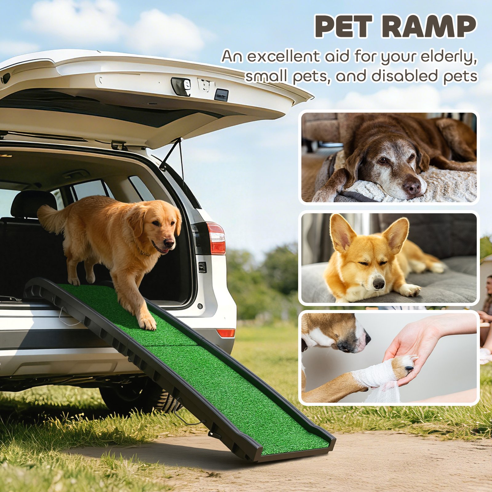 Foldable Dog Ramp with Artificial Anti-slip Surface, Portable & Lightweight, for Cars, Home, 155 x 38.5 x 15.5 cm