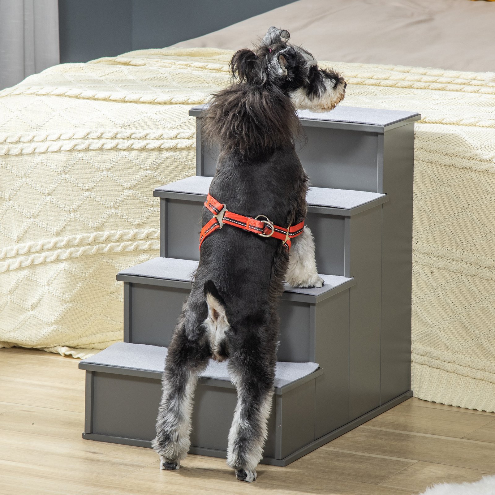 4 Step Dog Steps for Bed, Wooden Dog Steps for Sofa, Pet Stairs for Bed Couch with Non-Slip Carpet for Cats and Puppies, 40 x 59 x 54.2 cm, Grey